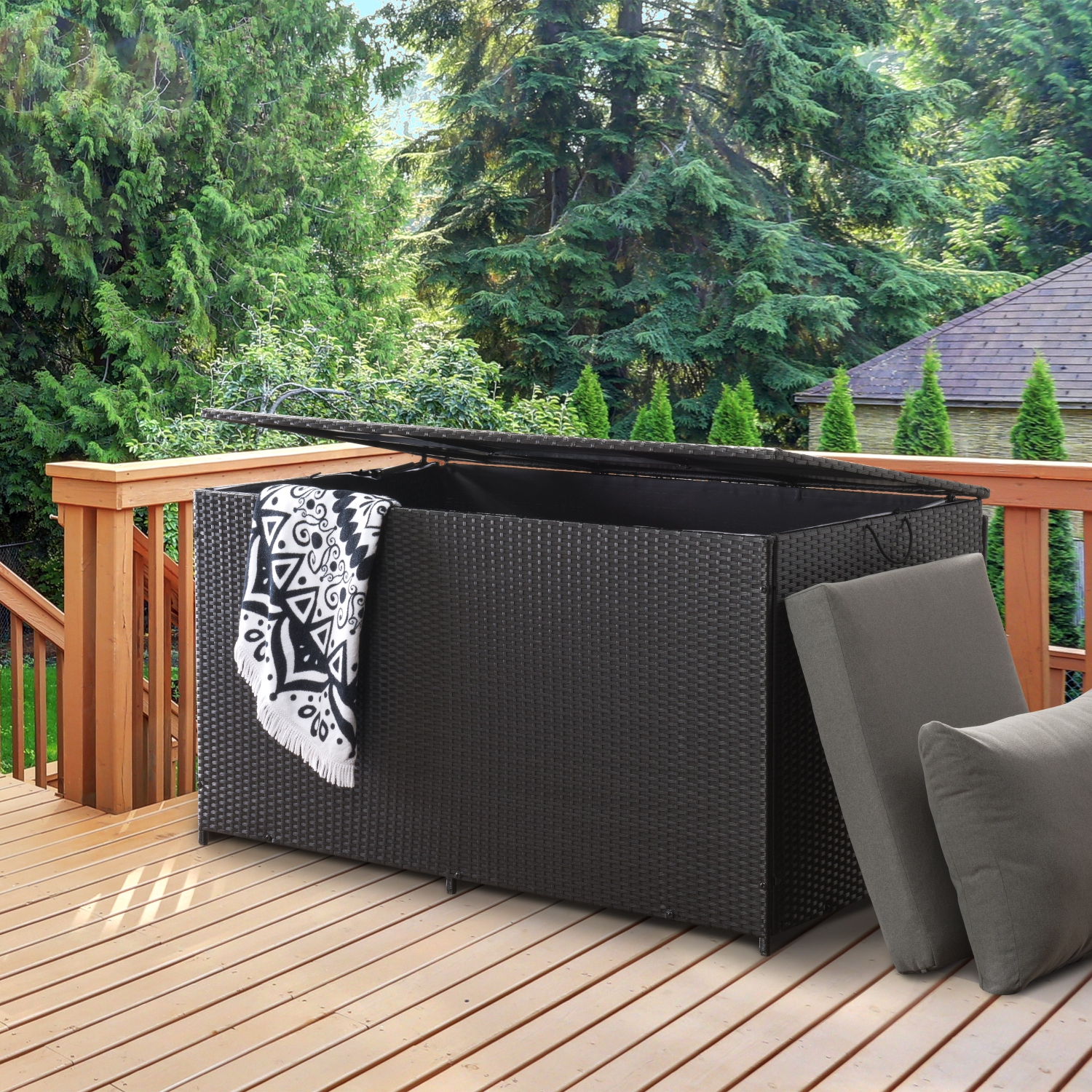 CorLiving Parksville 225 Gallon Outdoor Storage Box, Wicker Patio Deck Box, Outdoor Storage Container for Cushions