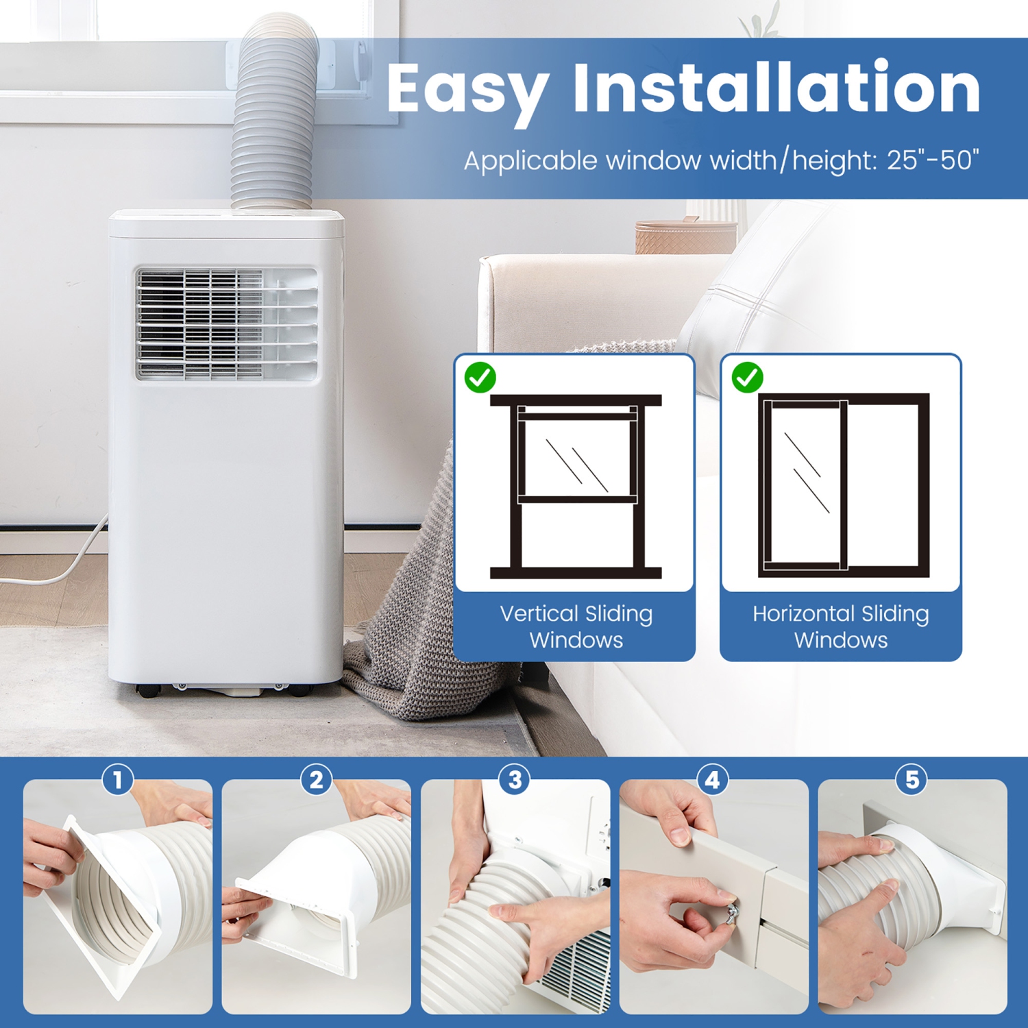 Climatiseur portable 3-en-1 Costway, 8000 BTU, unité AC avec refroidissement, ventilateur de déshumidification, mode veille