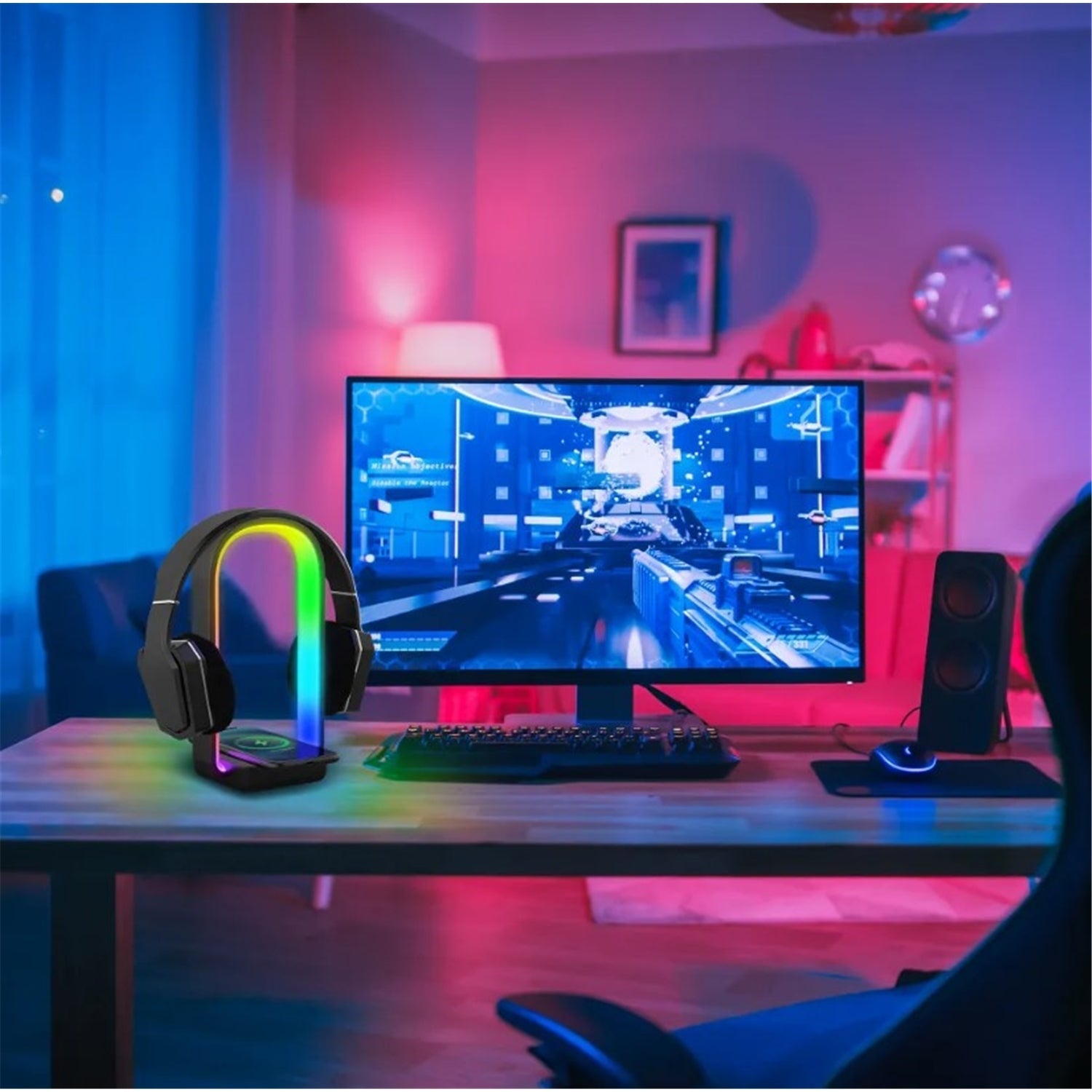 Monster – Lampe LED avec support pour écouteurs et chargeur sans fil intégré, télécommande incluse