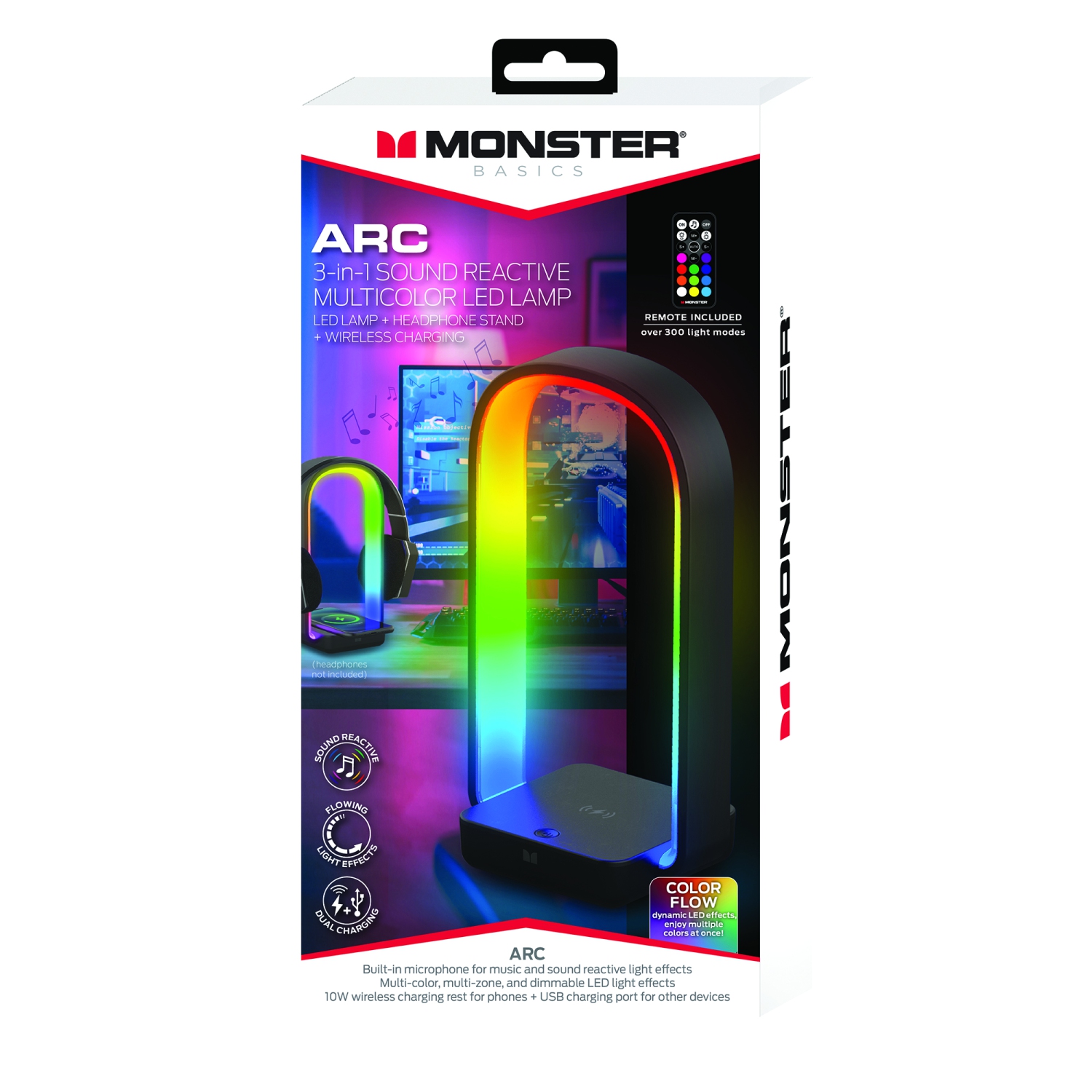 Monster – Lampe LED avec support pour écouteurs et chargeur sans fil intégré, télécommande incluse