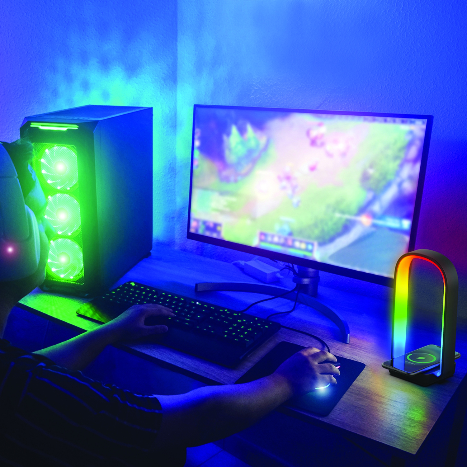 Monster – Lampe LED avec support pour écouteurs et chargeur sans fil intégré, télécommande incluse