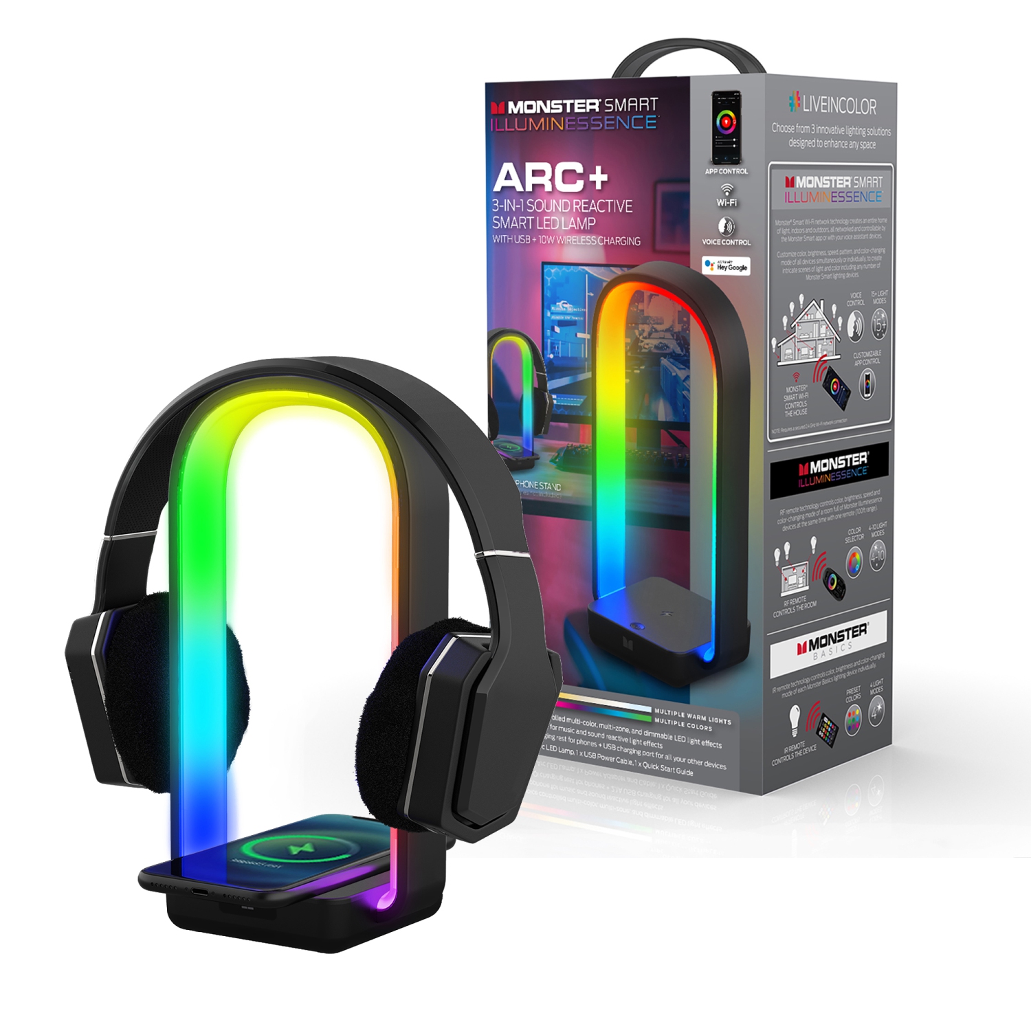 Monster Smart WIFI Arc+ 3-In-1 Sound Reactive LED Lamp Headphone Stand w/ USB Qi Wireless Charging
