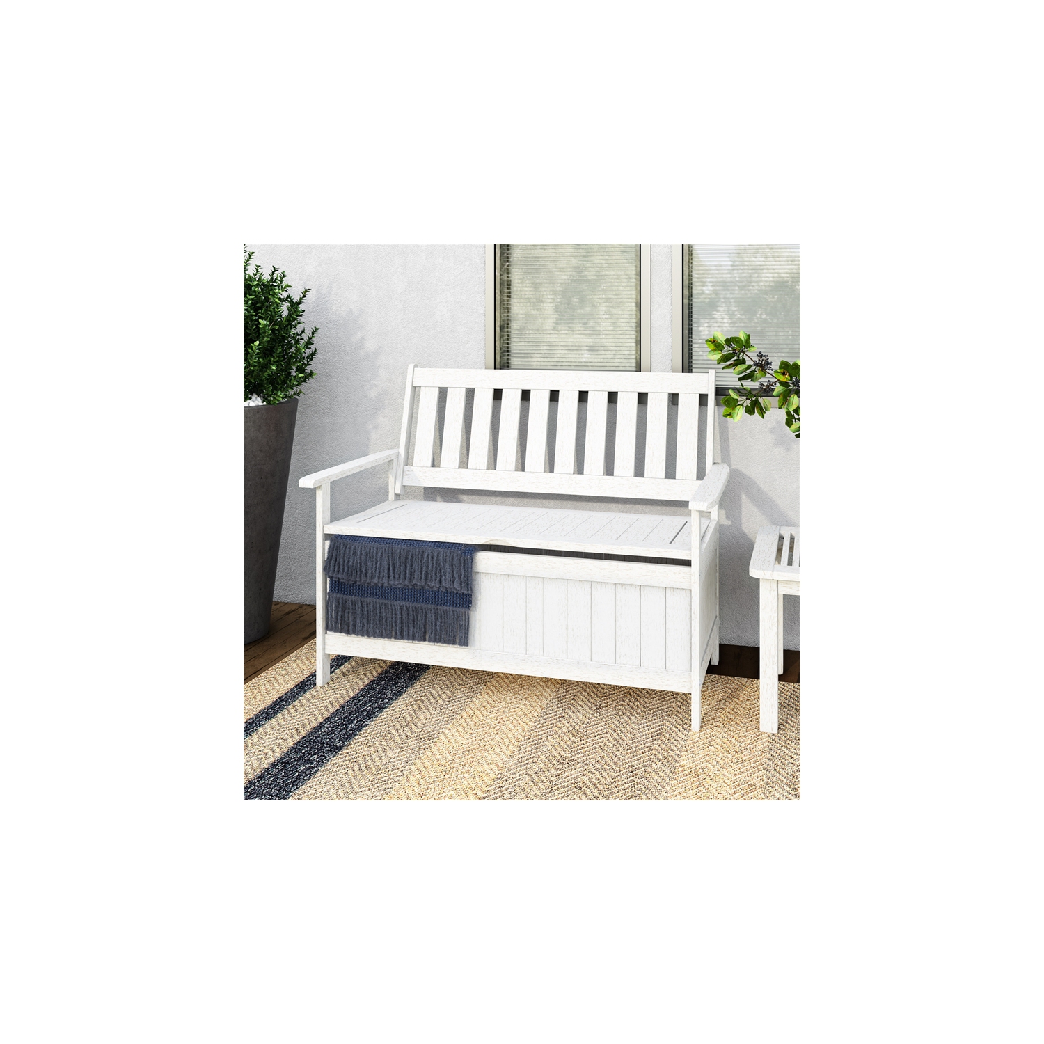 CorLiving Miramar White Washed Wood Outdoor Storage Bench
