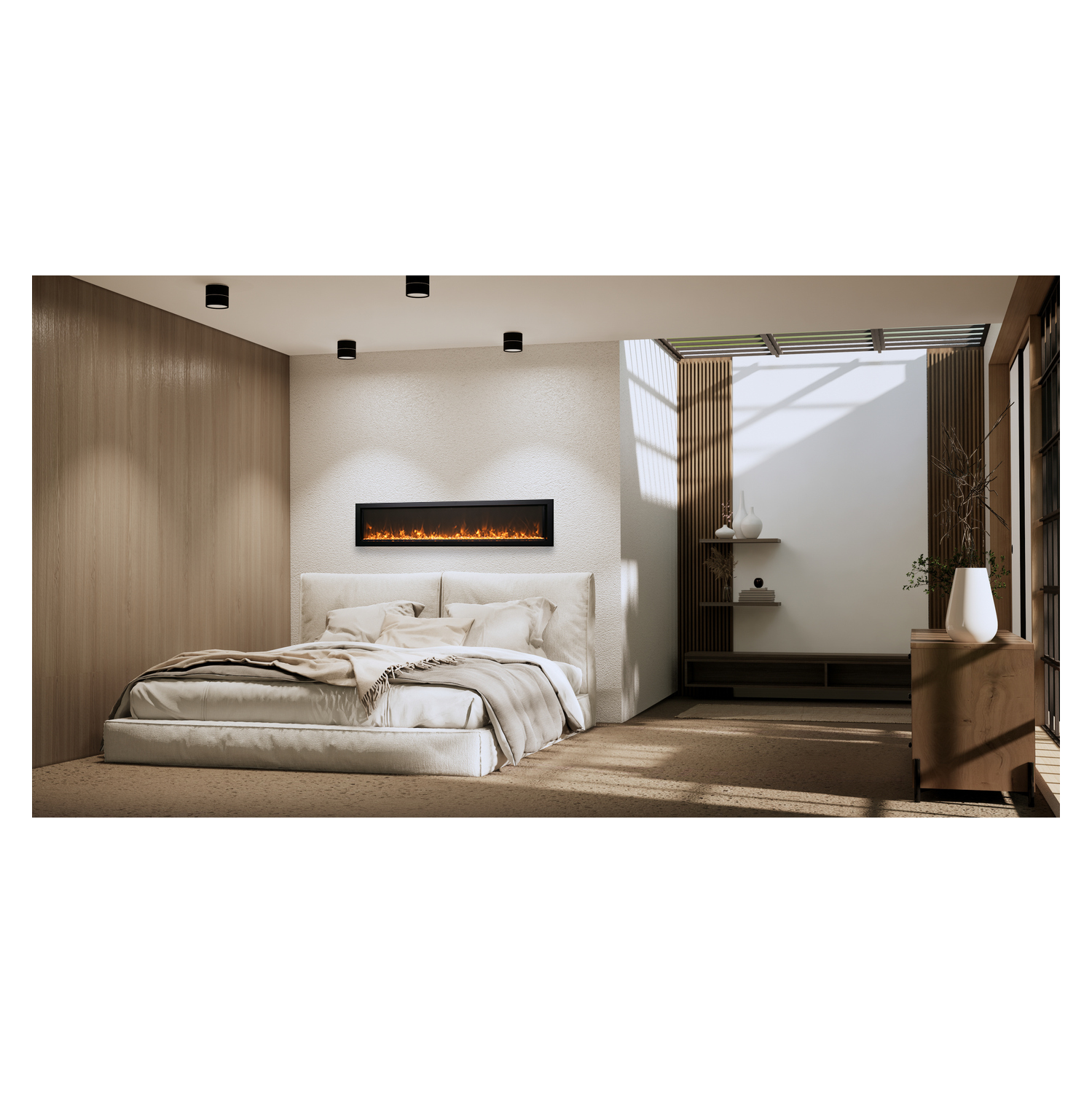 Remii Extra Slim 35" Electric Fireplace comes with Canyon Brown and Ocean Blue decorative media embers., as well as a black steel surround and a