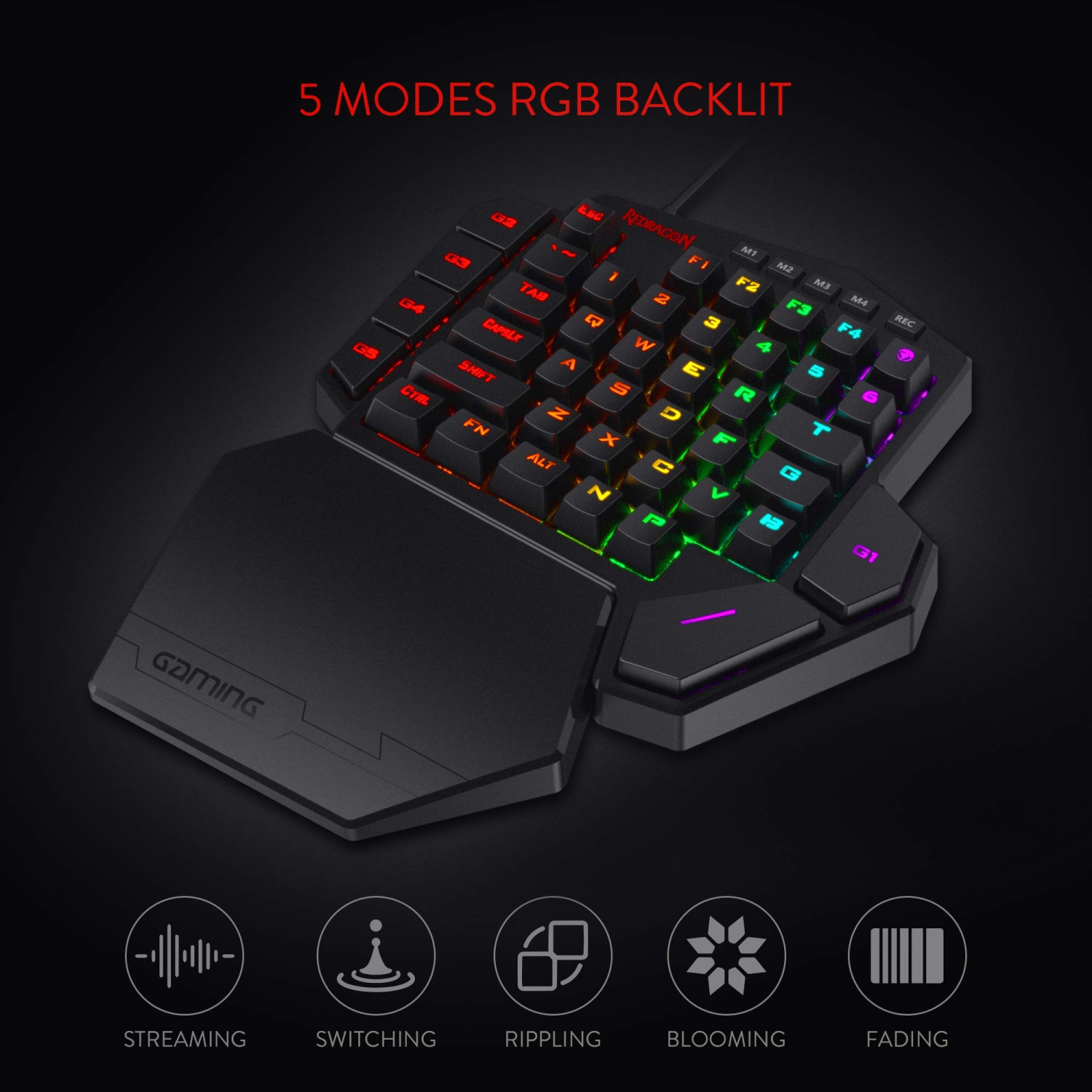 Clavier de jeu RVB à une main K585 DITI de Redragon, pavé numérique de jeu mécanique avec 7 touches macros programmables intégrées et repose-poignets