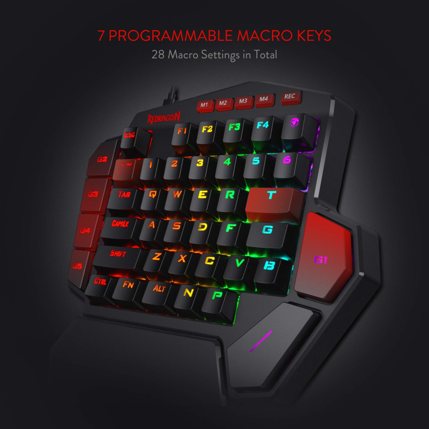 Clavier de jeu RVB à une main K585 DITI de Redragon, pavé numérique de jeu mécanique avec 7 touches macros programmables intégrées et repose-poignets