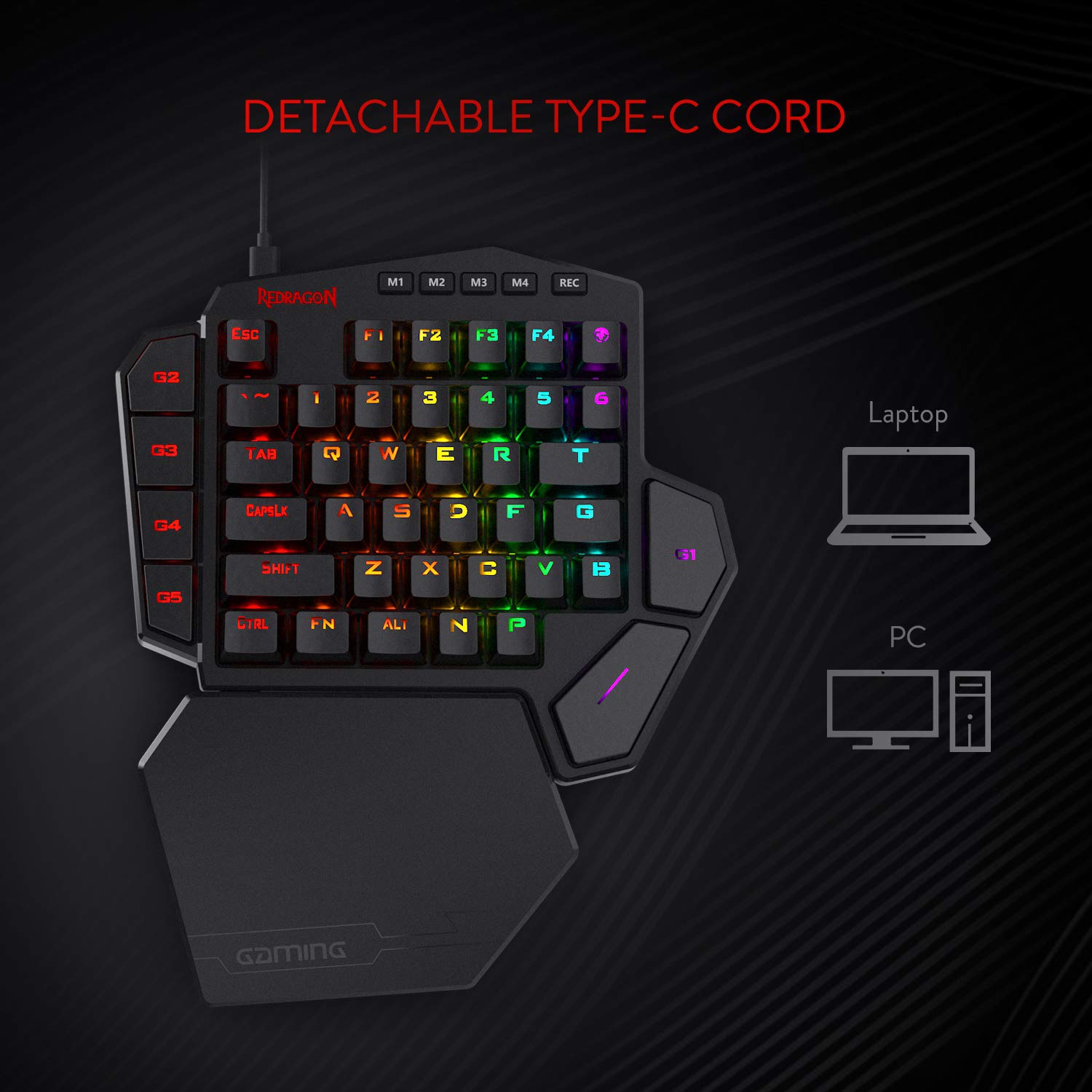 Clavier de jeu RVB à une main K585 DITI de Redragon, pavé numérique de jeu mécanique avec 7 touches macros programmables intégrées et repose-poignets