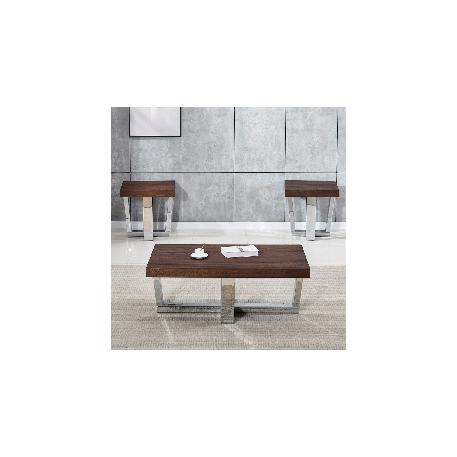 Table d’extrémité carrée en bois marron et à base chromée Laredo