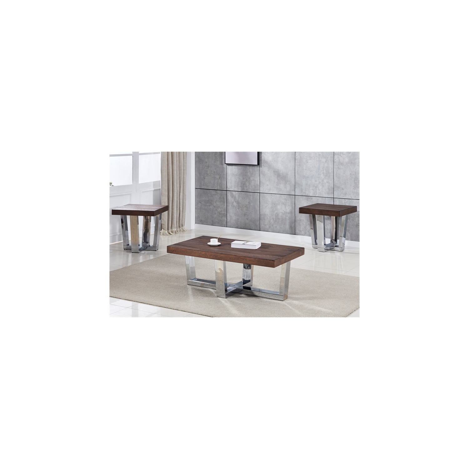 Table d’extrémité carrée en bois marron et à base chromée Laredo