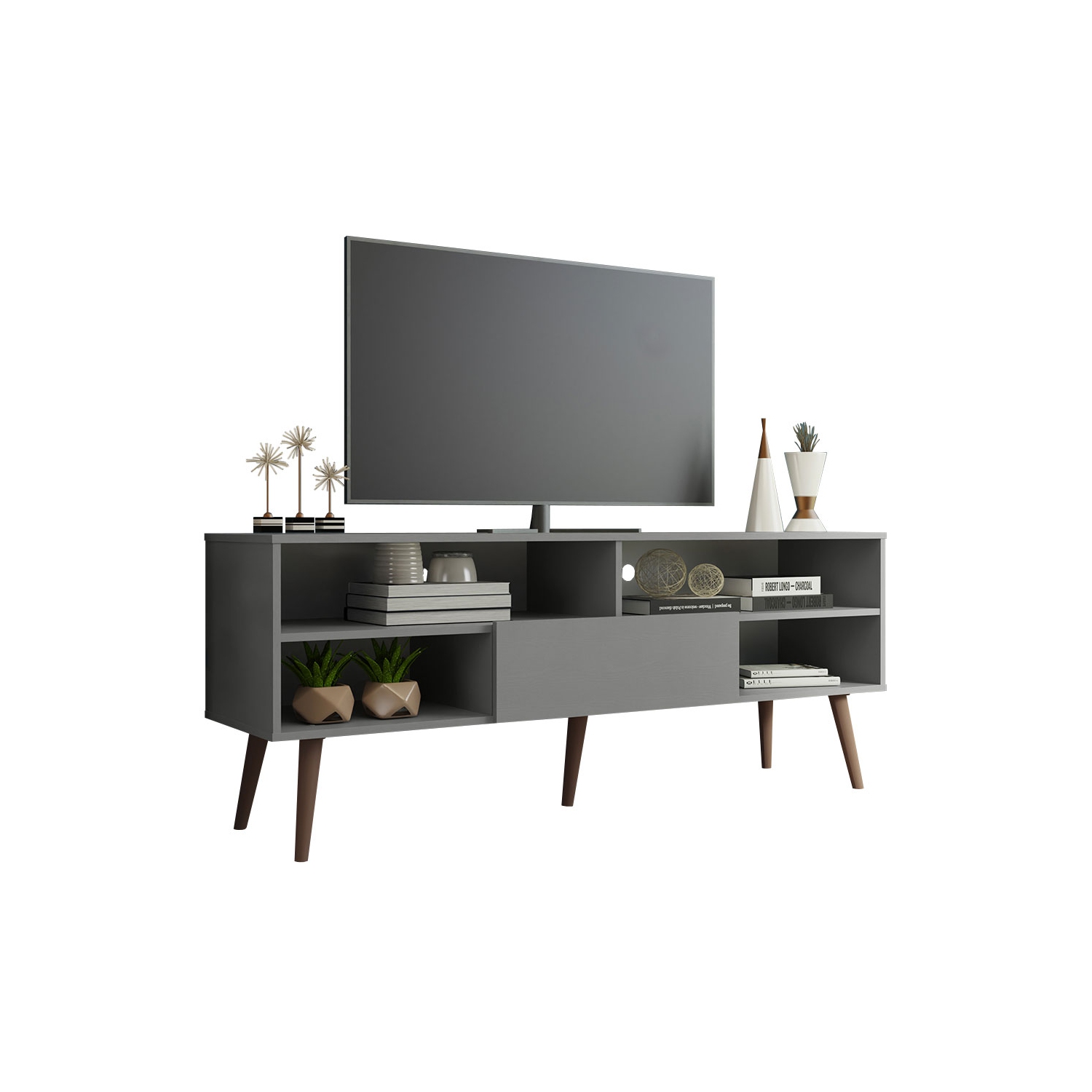 Madesa Modern TV Stand with 1 Door and 4 Shelves with Cable MANAGEMENT for 55, 65 Inch Media Storage Entertainment Center Wooden Television Cabinet -