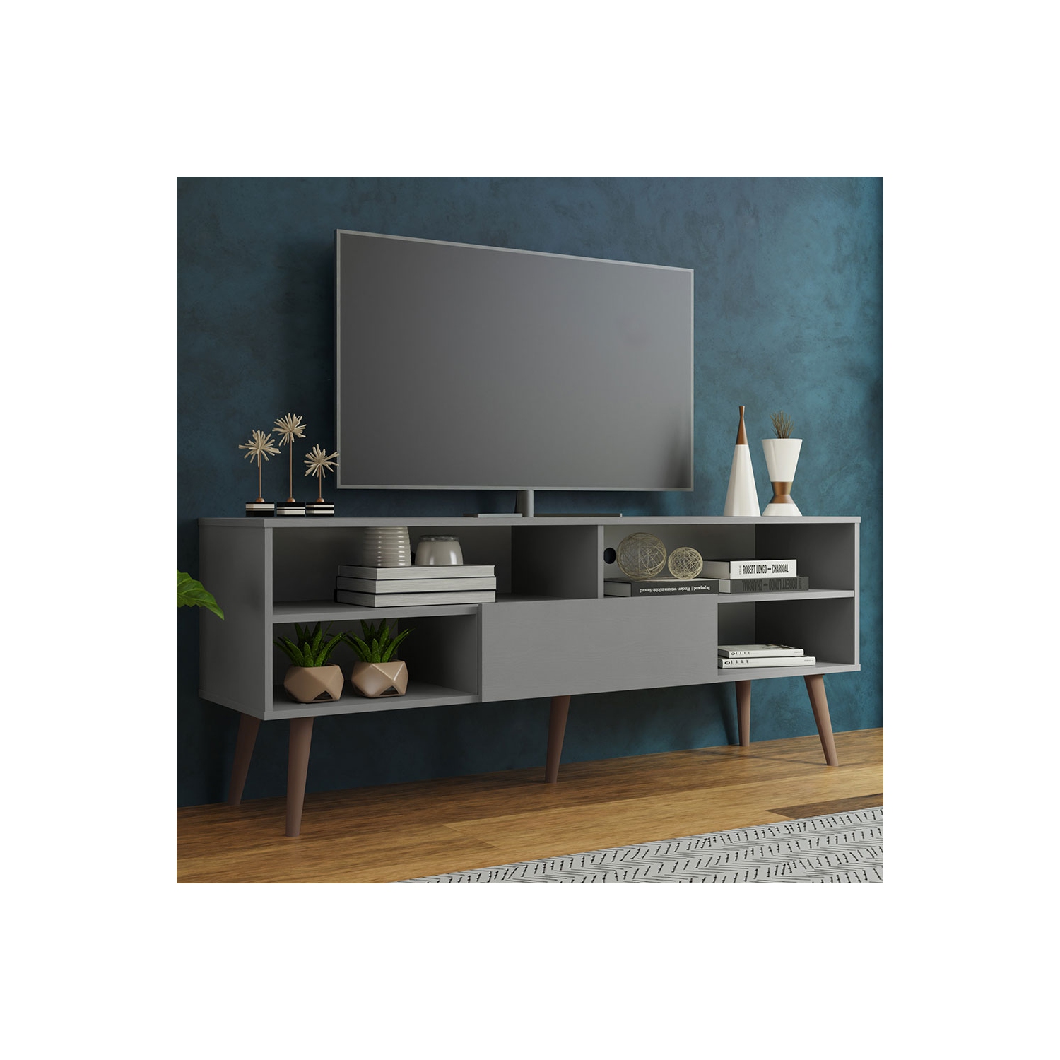 Madesa Modern TV Stand with 1 Door and 4 Shelves with Cable MANAGEMENT for 55, 65 Inch Media Storage Entertainment Center Wooden Television Cabinet -