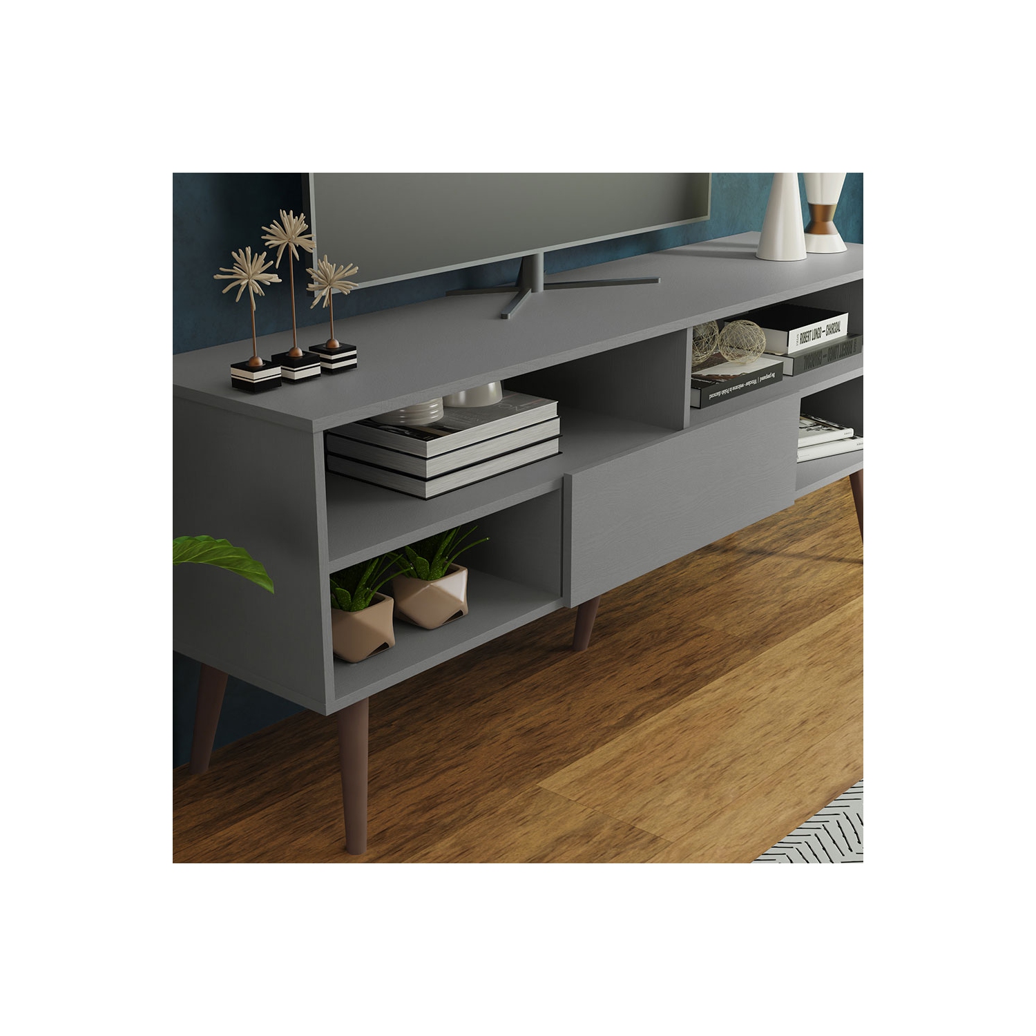 Madesa Modern TV Stand with 1 Door and 4 Shelves with Cable MANAGEMENT for 55, 65 Inch Media Storage Entertainment Center Wooden Television Cabinet -