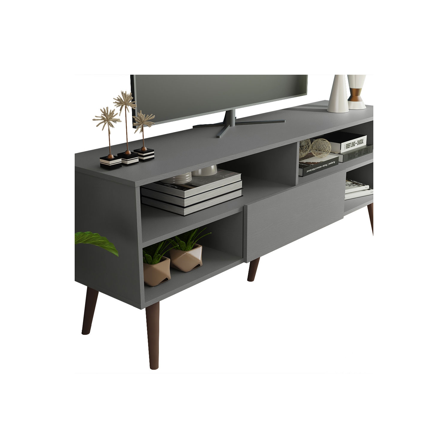 Madesa Modern TV Stand with 1 Door and 4 Shelves with Cable MANAGEMENT for 55, 65 Inch Media Storage Entertainment Center Wooden Television Cabinet -