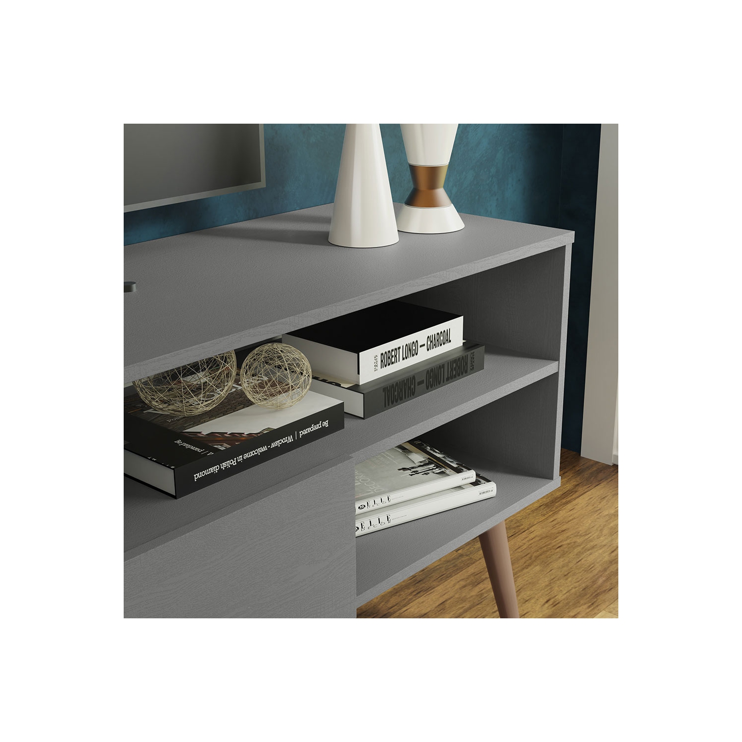 Madesa Modern TV Stand with 1 Door and 4 Shelves with Cable MANAGEMENT for 55, 65 Inch Media Storage Entertainment Center Wooden Television Cabinet -