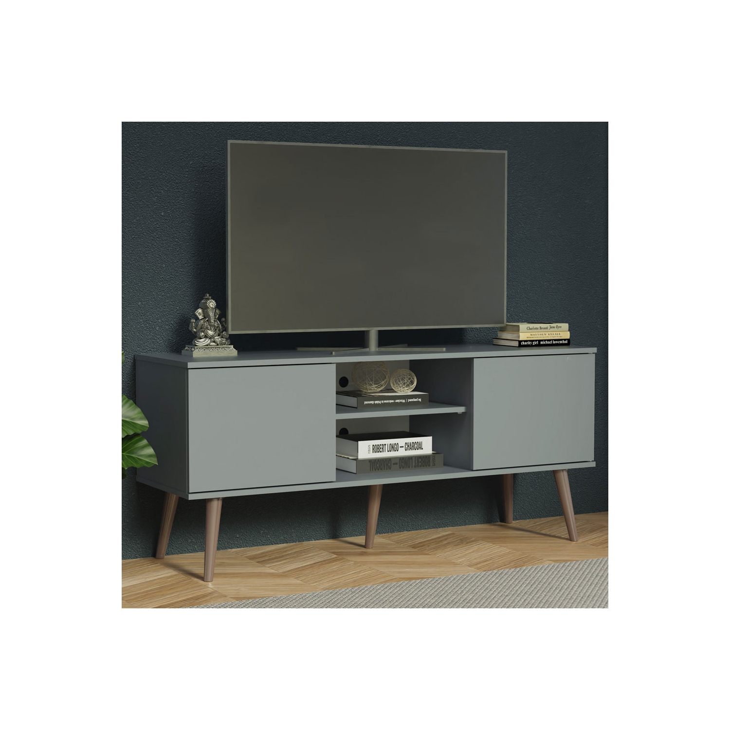 Madesa TV Stand Console with 2 Doors and 2 Shelves with Cable Management for 50, 55 Inch Media Storage Entertainment Center Wooden Television Cabinet
