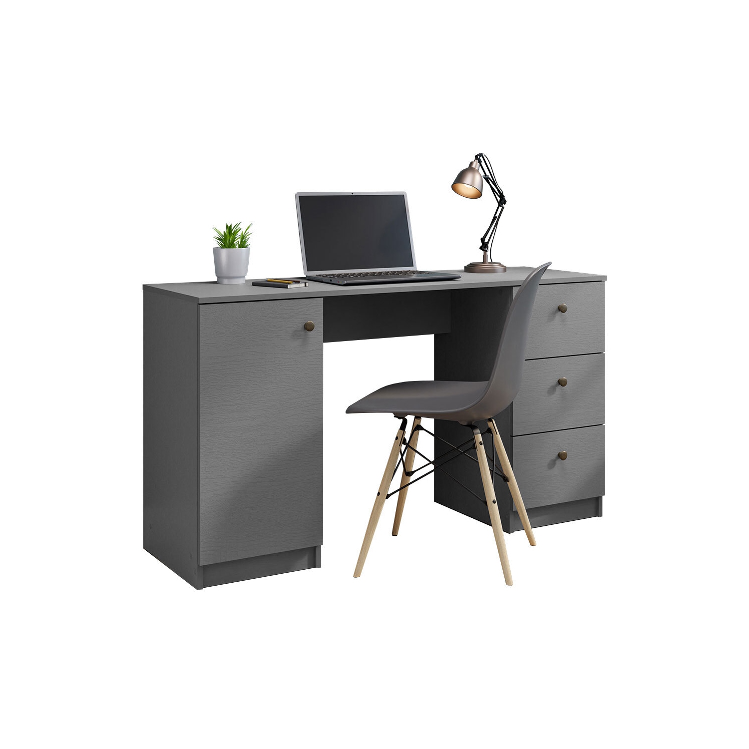 Madesa Executive Computer Writing Desk 53 Inch with 3 Drawers and 1 Door, Metalic Handles Wooden Home Office PC Study Table with Storage - Gray