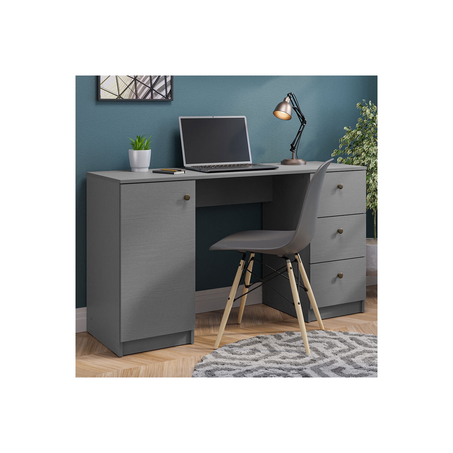 Madesa Executive Computer Writing Desk 53 Inch with 3 Drawers and 1 Door, Metalic Handles Wooden Home Office PC Study Table with Storage - Gray