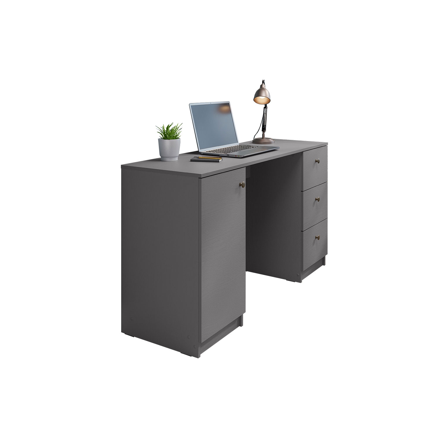 Madesa Executive Computer Writing Desk 53 Inch with 3 Drawers and 1 Door, Metalic Handles Wooden Home Office PC Study Table with Storage - Gray