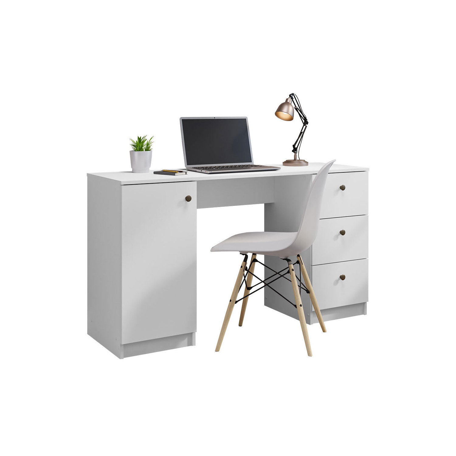 Madesa Executive Computer Writing Desk 53 Inch with 3 Drawers and 1 Door, Metalic Handles Wooden Home Office PC Study Table with Storage - White