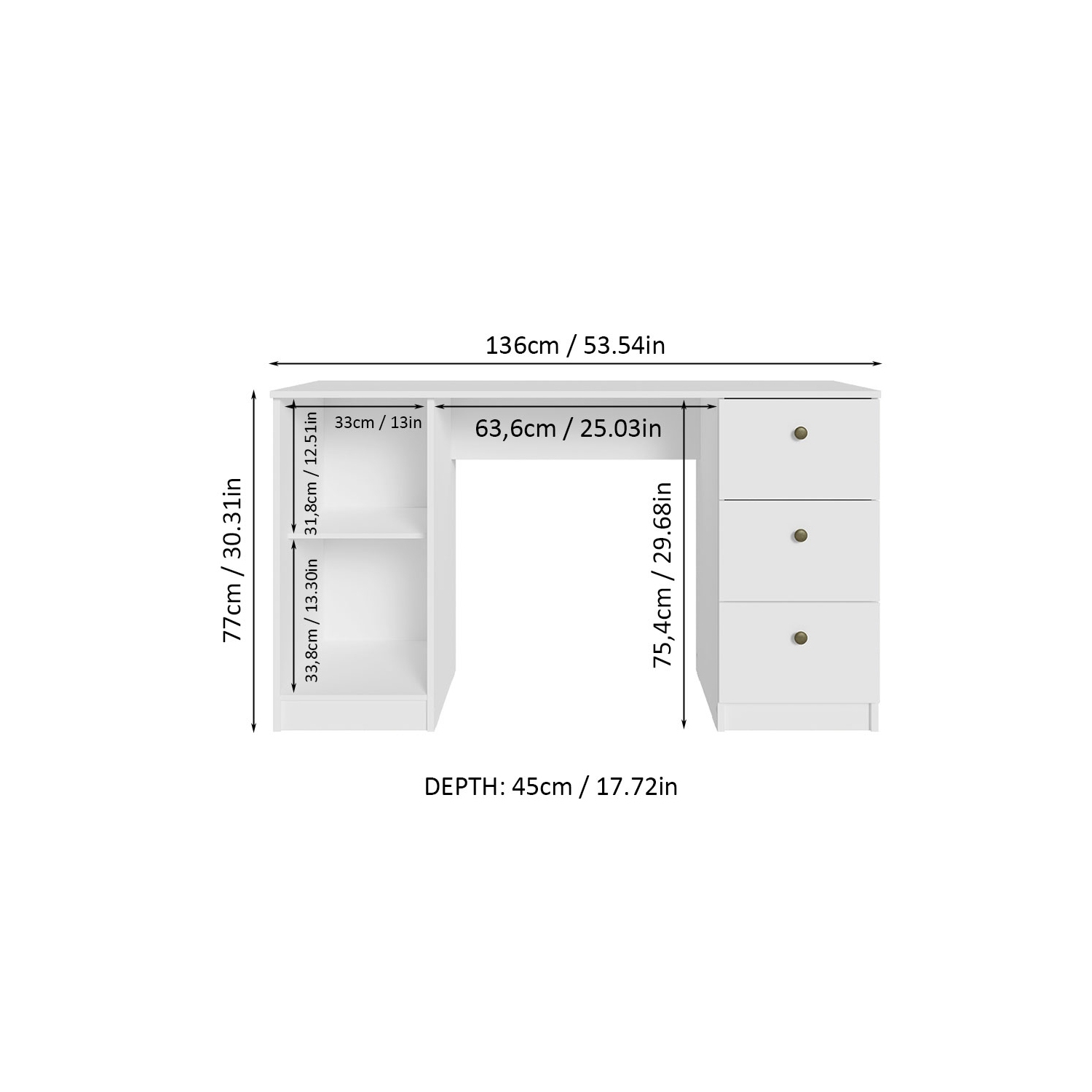 Madesa Executive Computer Writing Desk 53 Inch with 3 Drawers and 1 Door, Metalic Handles Wooden Home Office PC Study Table with Storage - White
