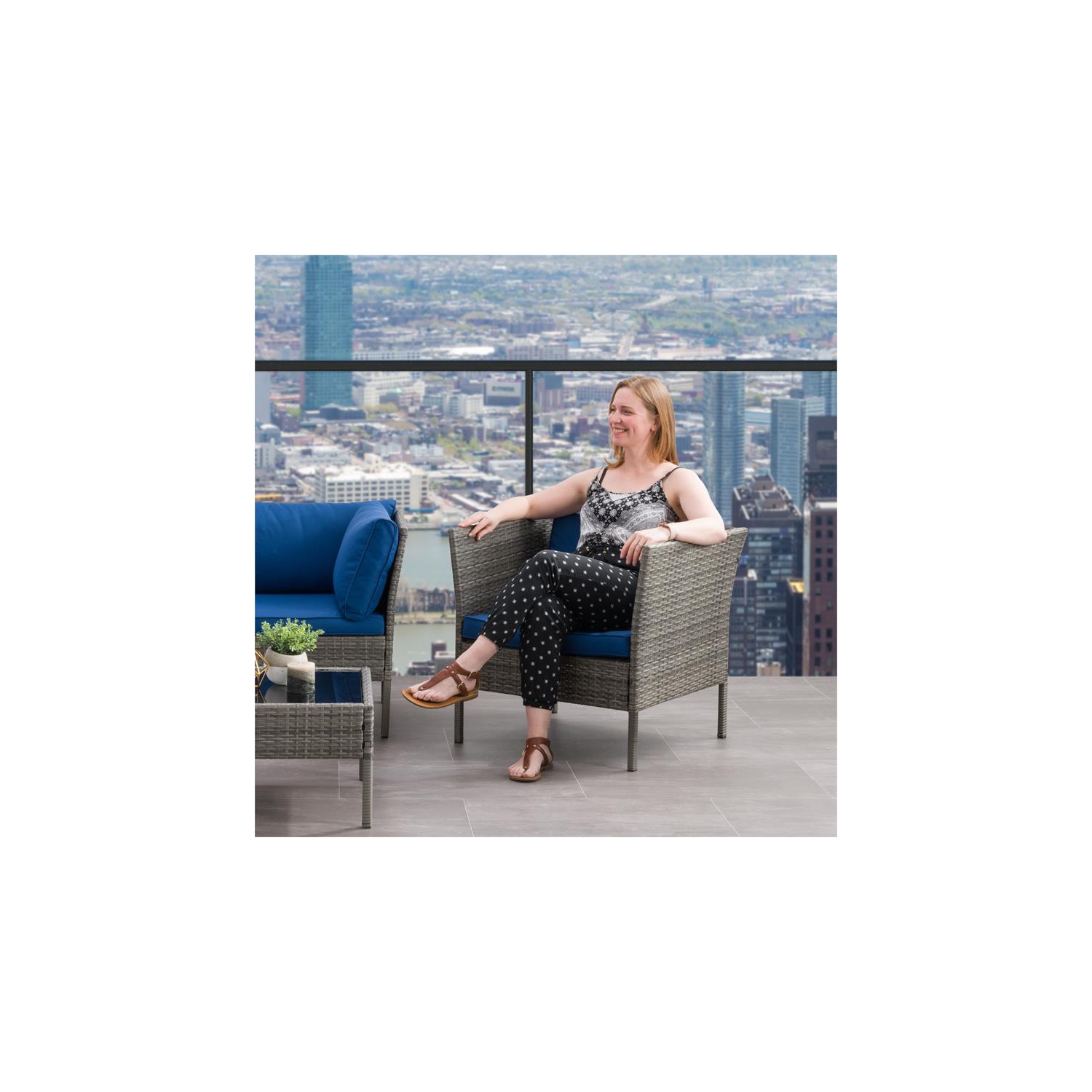 CorLiving Patio Armchair - Blended Grey with Blue Cushions