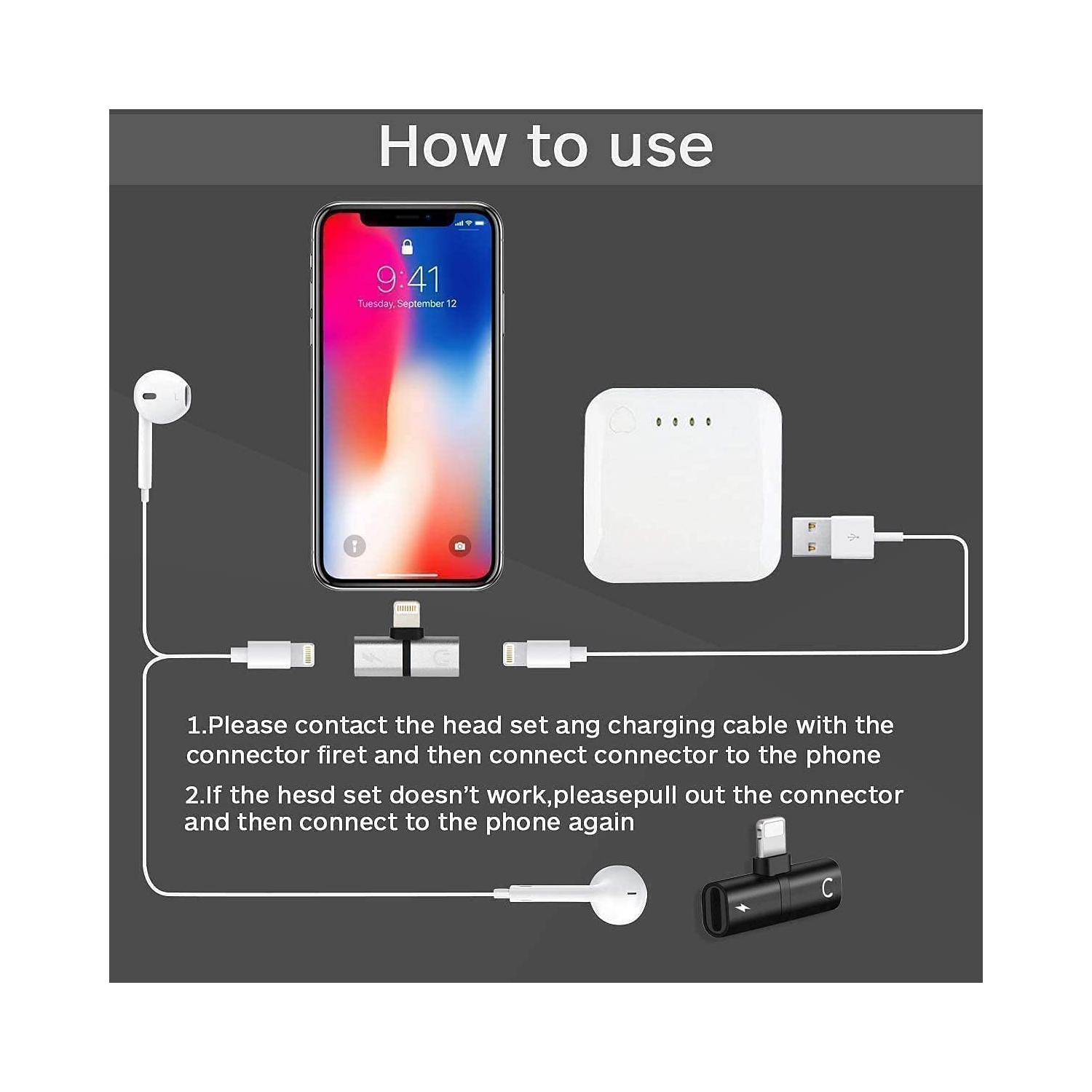 Répartiteur 2-en-1 avec adaptateur Lightning pour écouteurs et chargeur pour iPad d’iPhone, 2 adaptateurs iPhone pour écouteurs pour iPhone