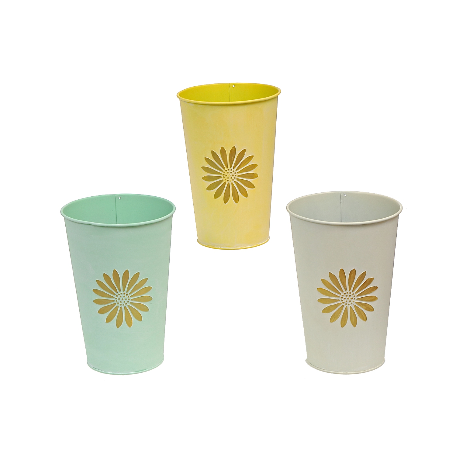 Maison Concepts Embossed Daisy Metal Tall Round Planter Asstd - Set of 3