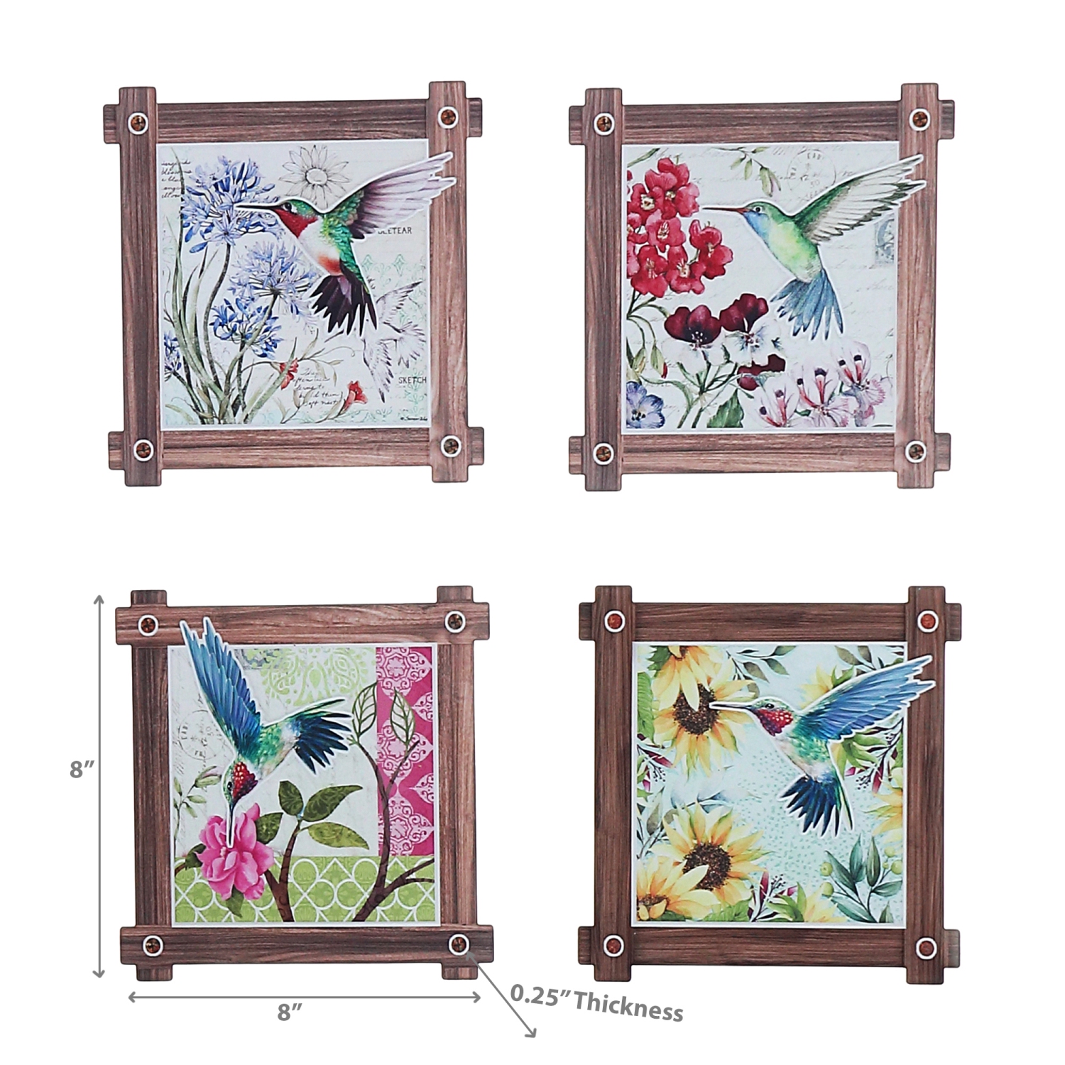 Maison Concepts 8" Square Ceramic Trivet Hummingg Bird Asstd - Ensemble De 4
