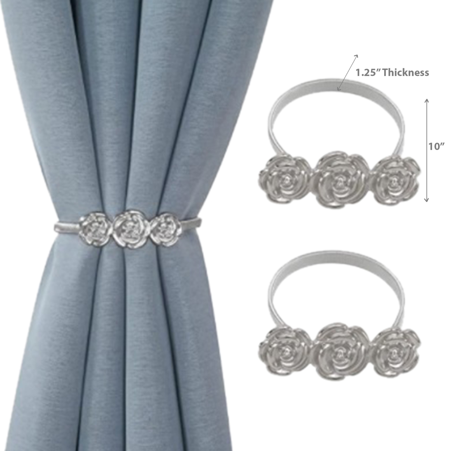 Maison Concepts Set De 2 Rideaux Tiebacks Roses Silver