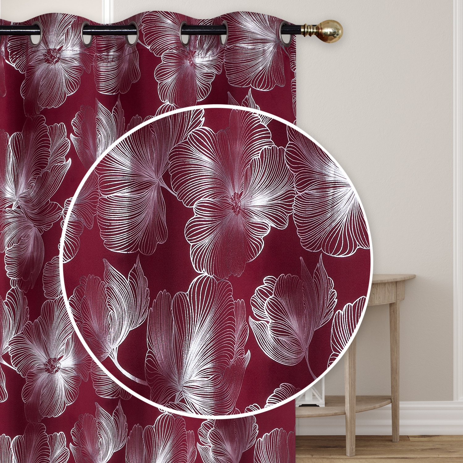 Maison Concepts Foil Print Panel W 8 Grom Hibiscus Burgundy 96" - Set of 2