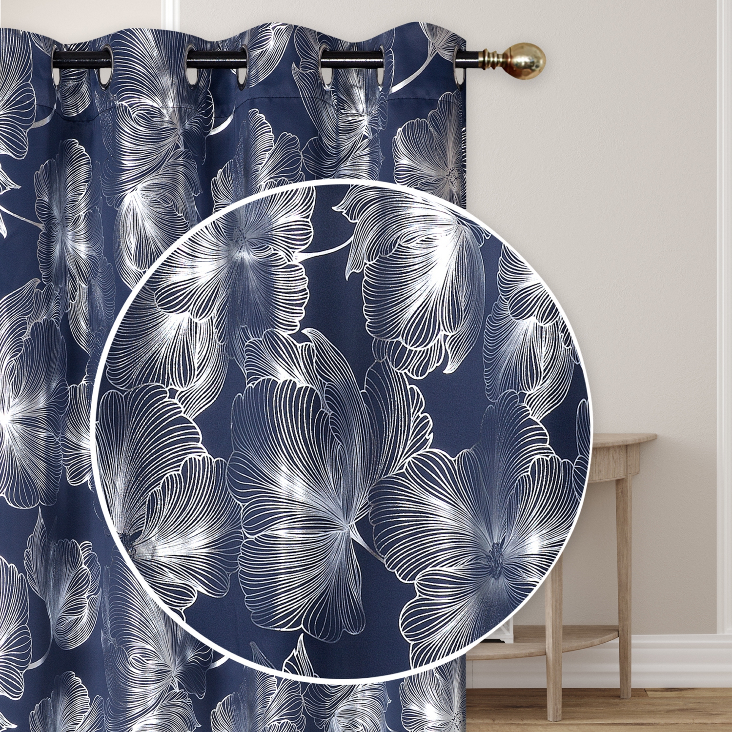 Maison Concepts Foil Print Panel W 8 Grom Hibiscus Navy Blue 96" - Set of 2