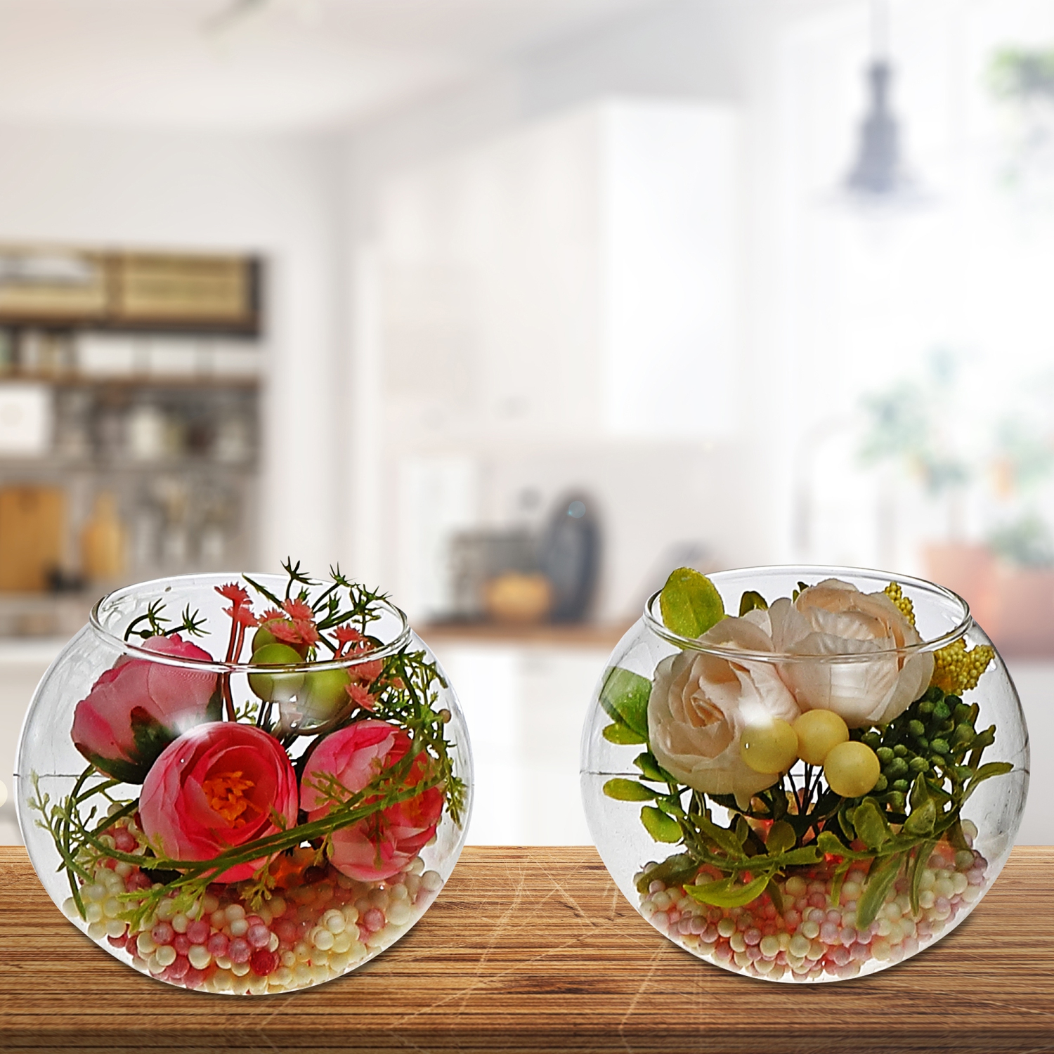 Maison Concepts Artificial Floral Arrangement In Round Glass Bowl Asstd - Set of 2