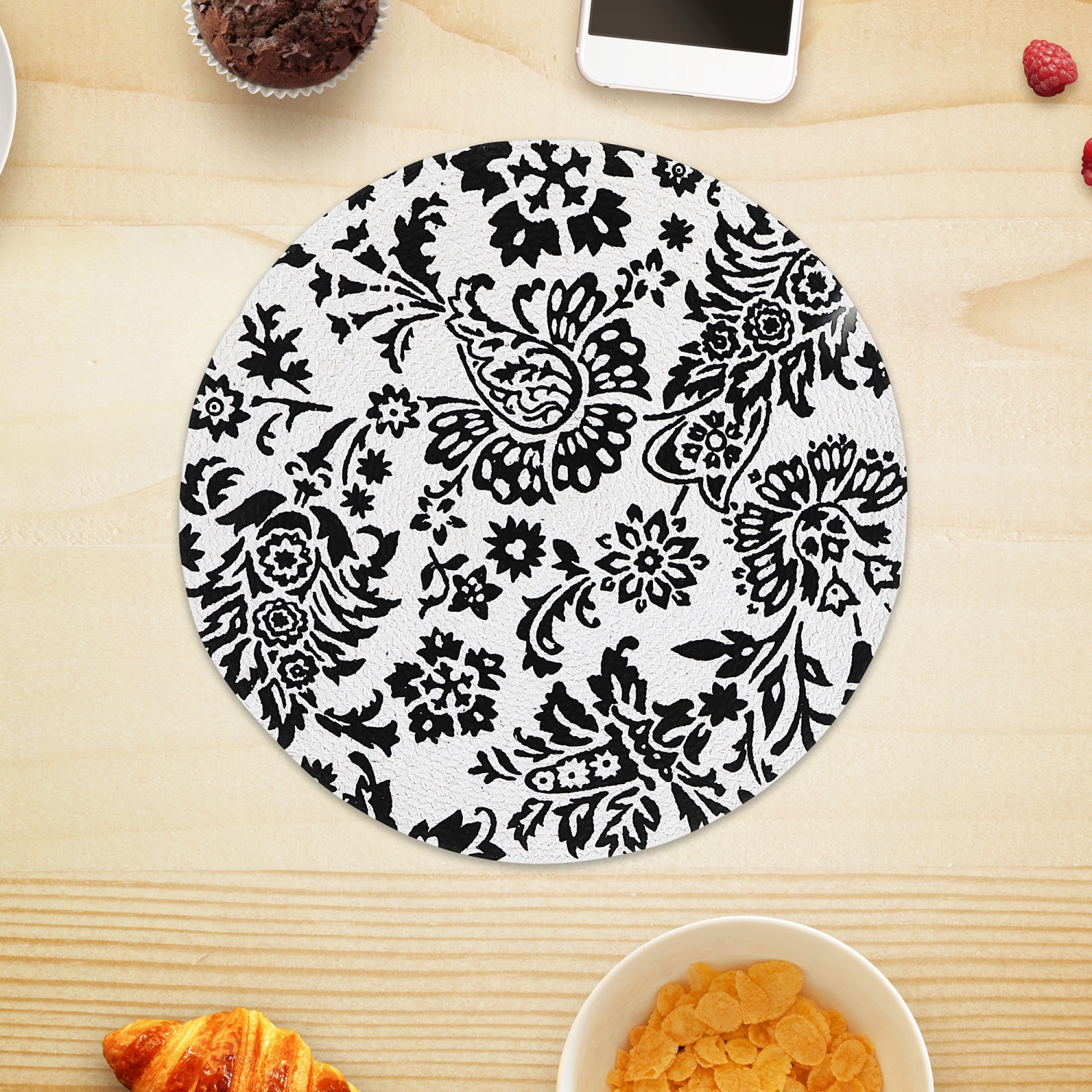 Maison Concepts Printed Round Cotton Rope Placemat Black Baroque - Set of 12