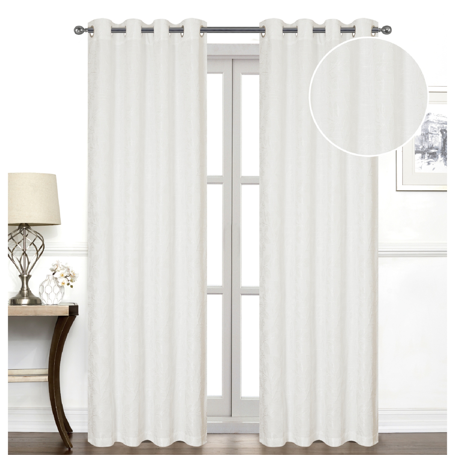 Maison Concepts Jacquard Panel W 8 Grom Leaves White 96" - Set of 2