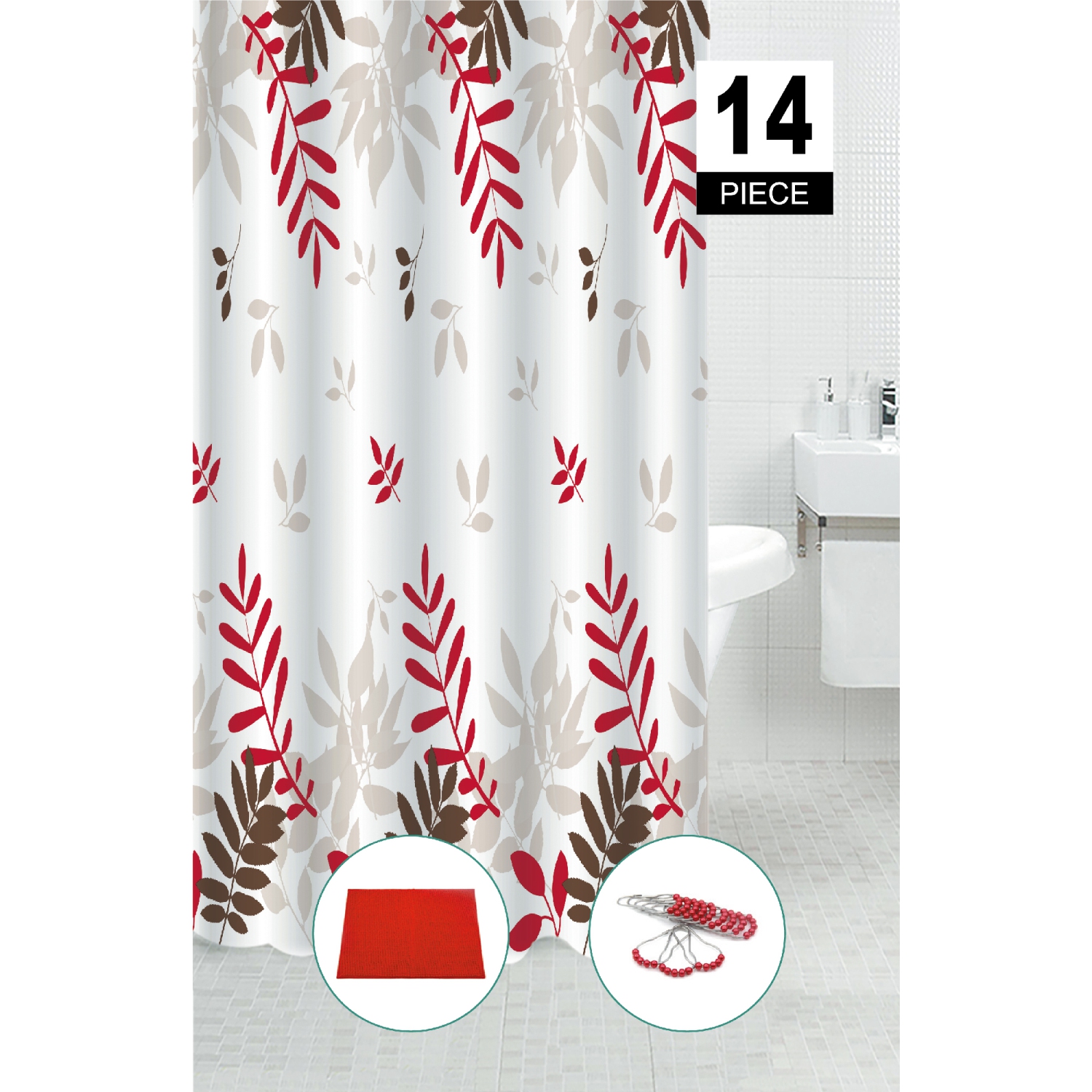 Maison Concepts 14Pc Set Peva S. Curtain + 12 Hooks + Bathmat Fern