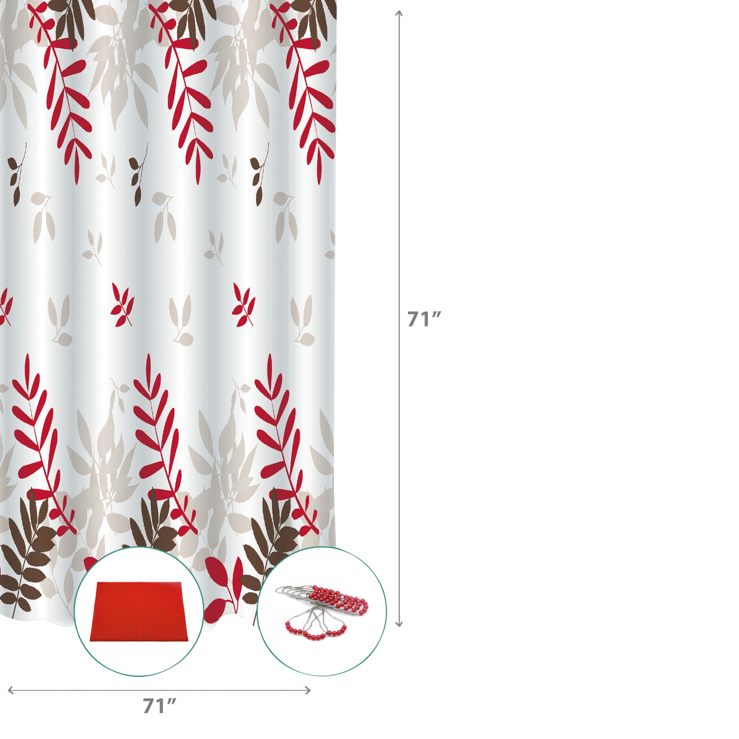 Maison Concepts 14Pc Set Peva S. Curtain + 12 Hooks + Bathmat Fern