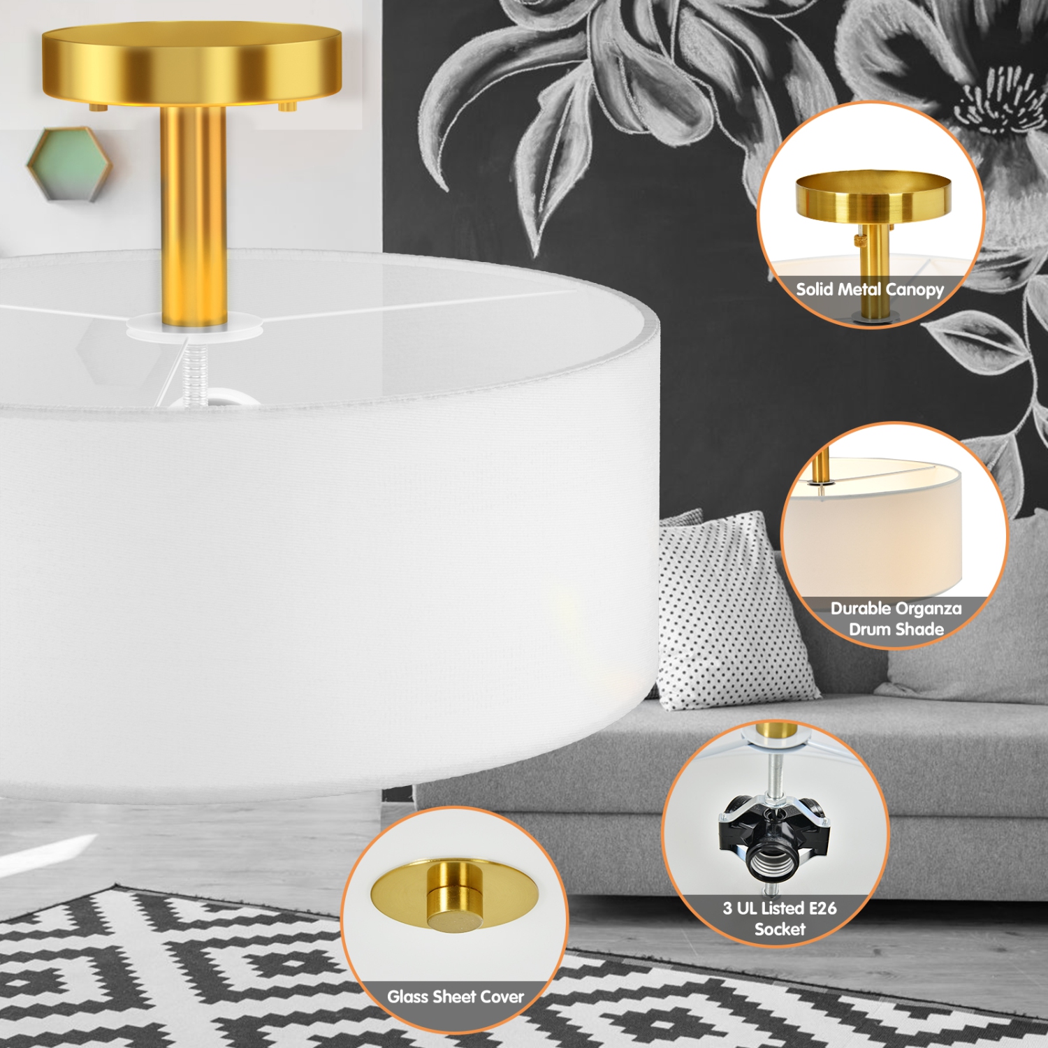 Topbuy Modern 3-Light Semi-Flush Mount Ceiling Light Fixture with Glass Lampshade for Bedroom&Living room