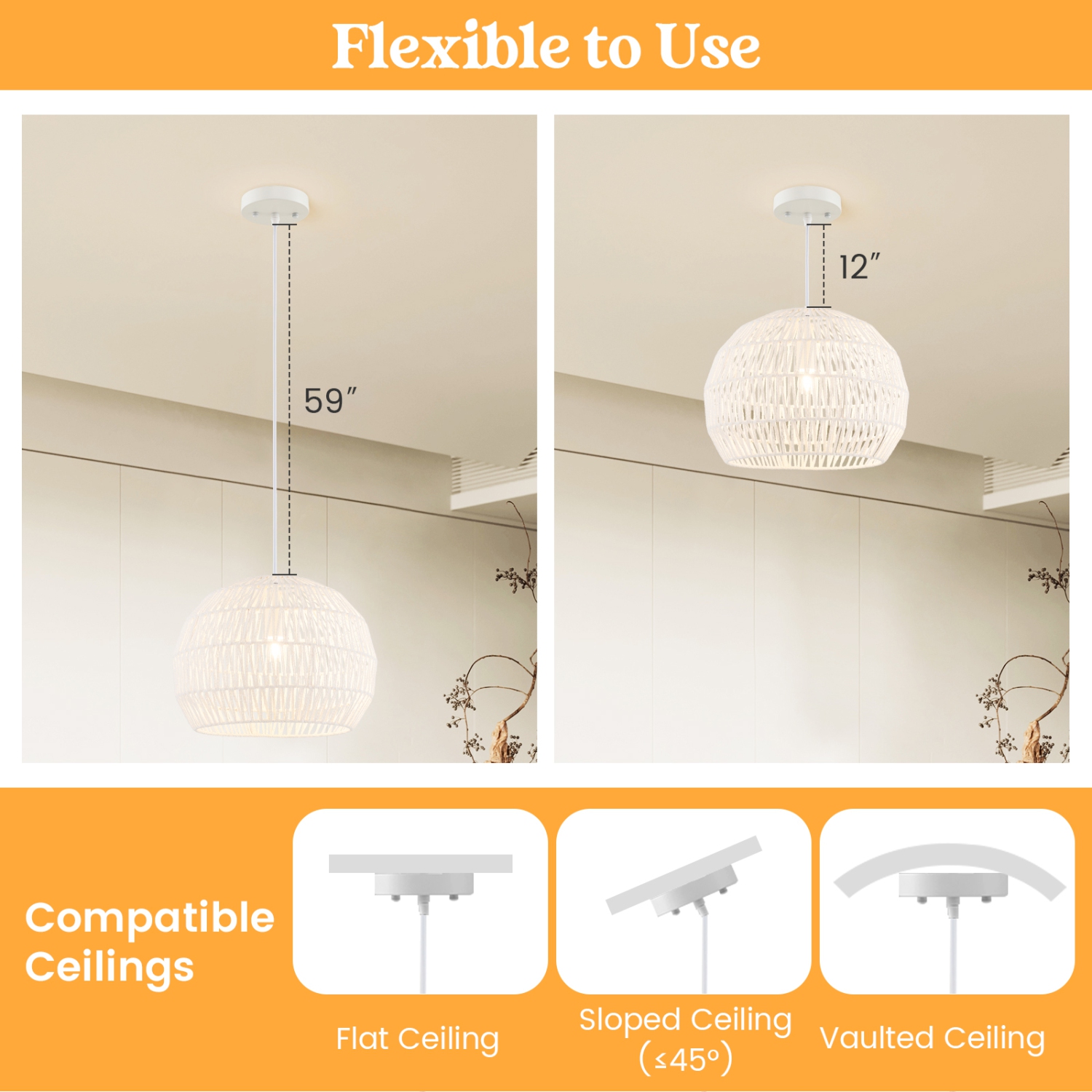 Topbuy Paper Pendant Light Fixture Round Hanging Ceiling Light with Adjustable Hanging Rope 17.5" Decorative Chandelier