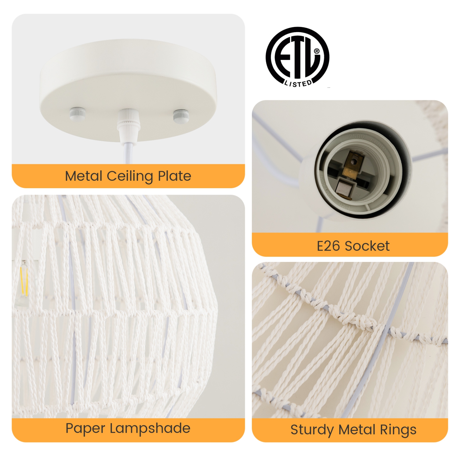 Topbuy Paper Pendant Light Fixture Round Hanging Ceiling Light with Adjustable Hanging Rope 17.5" Decorative Chandelier