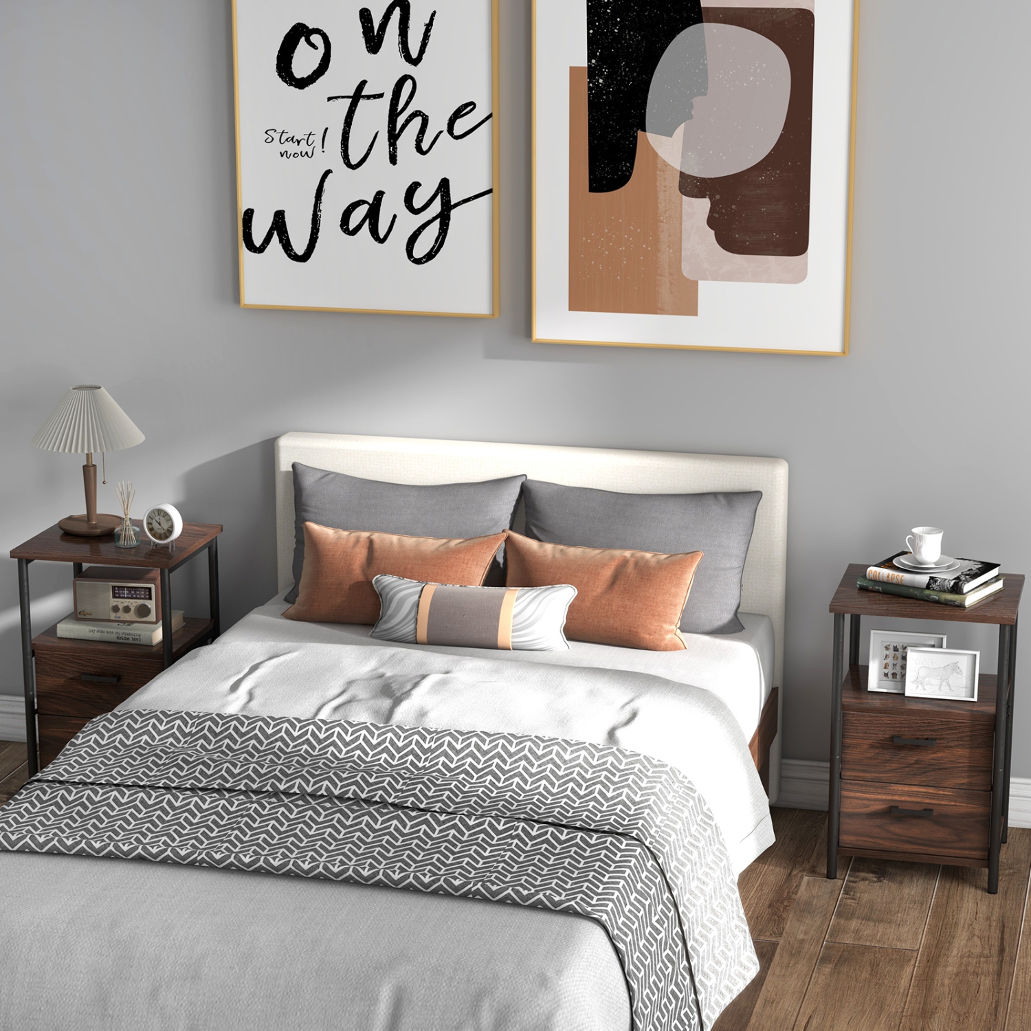 Topbuy 1PC/2PCS Nightstand with 2 Drawers Retro Bedside Table with Storage Sofa Side End Table with Removable Fabric Drawers