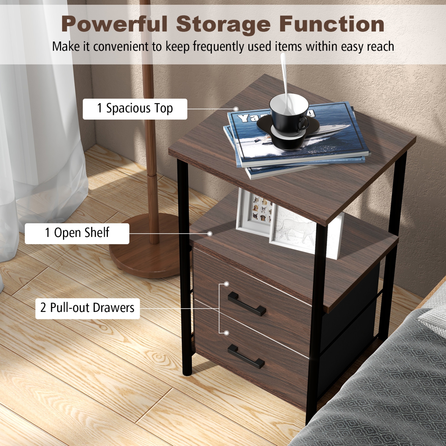 Topbuy 1PC/2PCS Nightstand with 2 Drawers Retro Bedside Table with Storage Sofa Side End Table with Removable Fabric Drawers