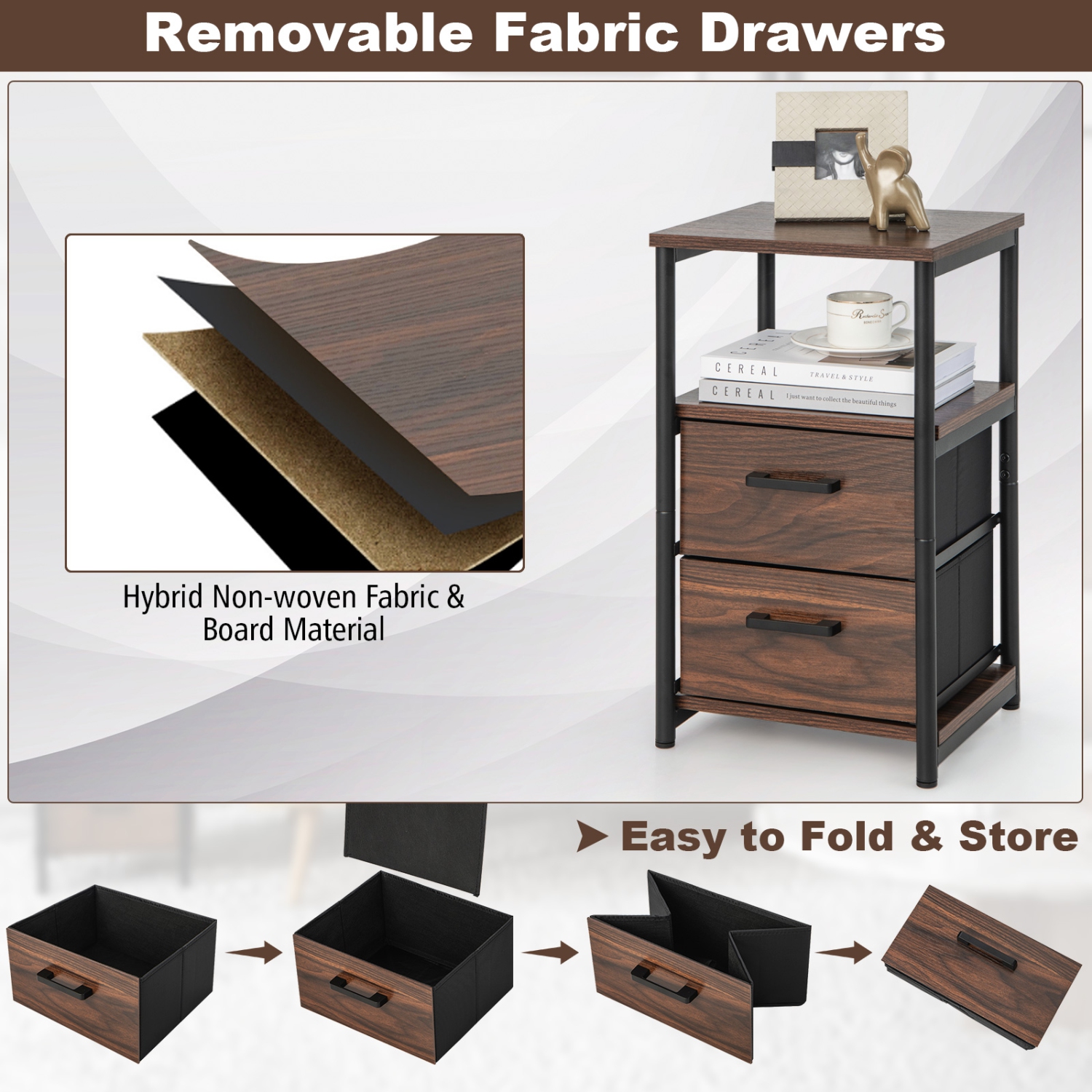 Topbuy 1PC/2PCS Nightstand with 2 Drawers Retro Bedside Table with Storage Sofa Side End Table with Removable Fabric Drawers