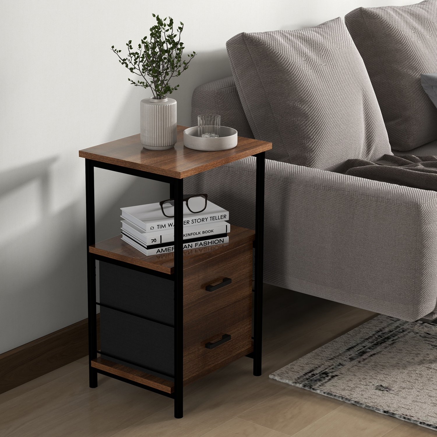 Topbuy 1PC/2PCS Nightstand with 2 Drawers Retro Bedside Table with Storage Sofa Side End Table with Removable Fabric Drawers