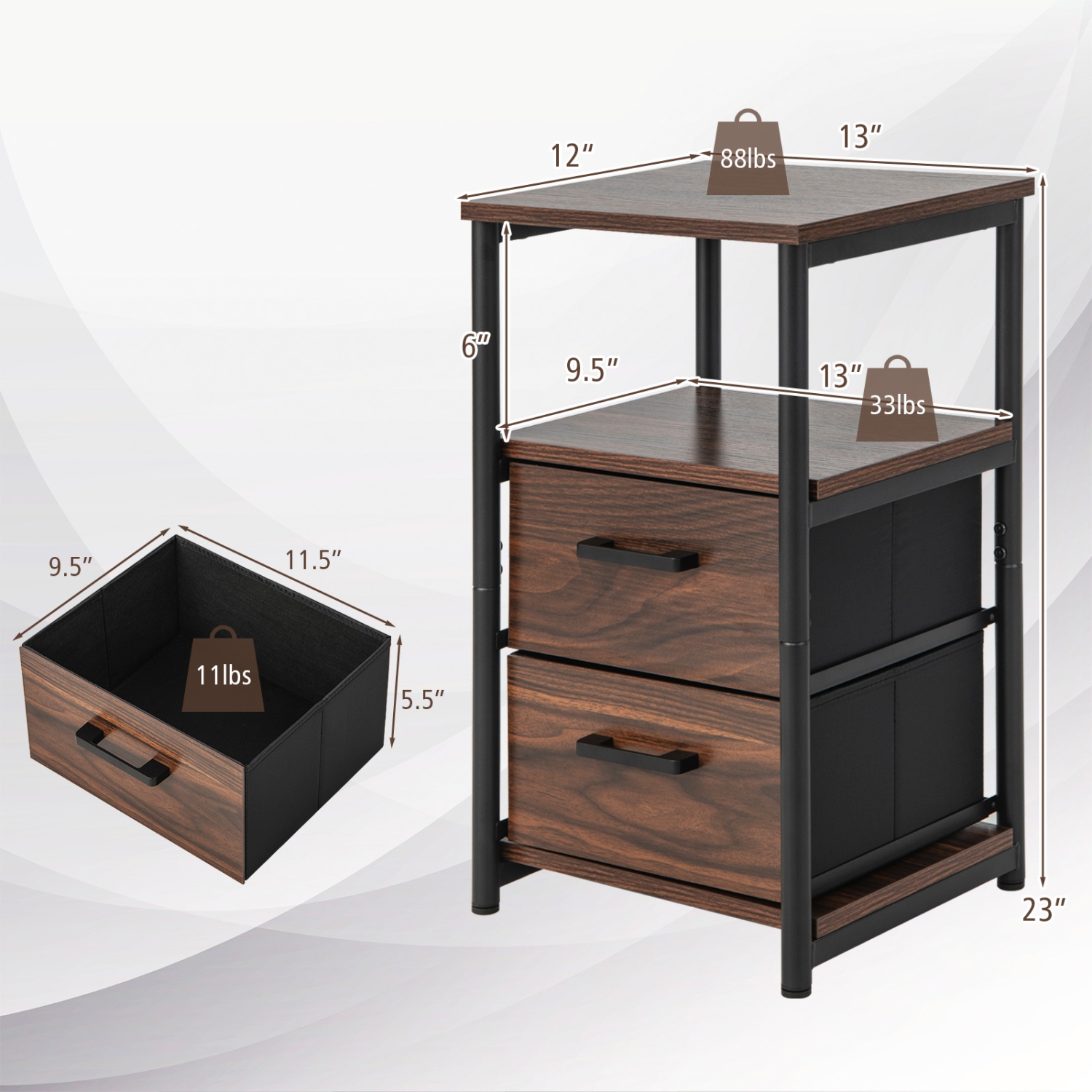 Topbuy 1PC/2PCS Nightstand with 2 Drawers Retro Bedside Table with Storage Sofa Side End Table with Removable Fabric Drawers