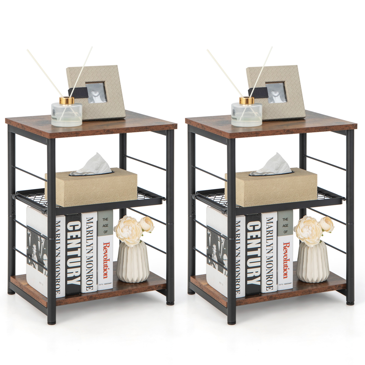 Topbuy 1PC/2PCS 3-Tier Industrial Side Table Nightstand with Removable Mesh Metal Shelf Adjustable Leveling Foot Pads End Table