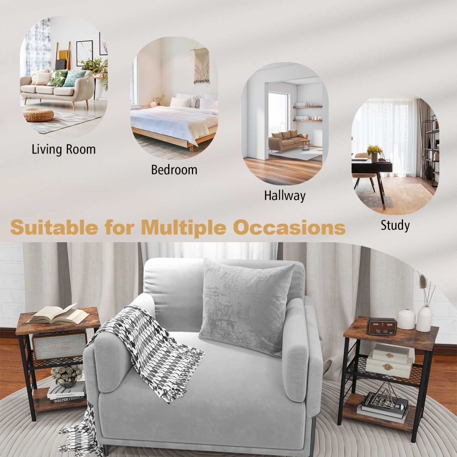 Topbuy 1PC/2PCS 3-Tier Industrial Side Table Nightstand with Removable Mesh Metal Shelf Adjustable Leveling Foot Pads End Table