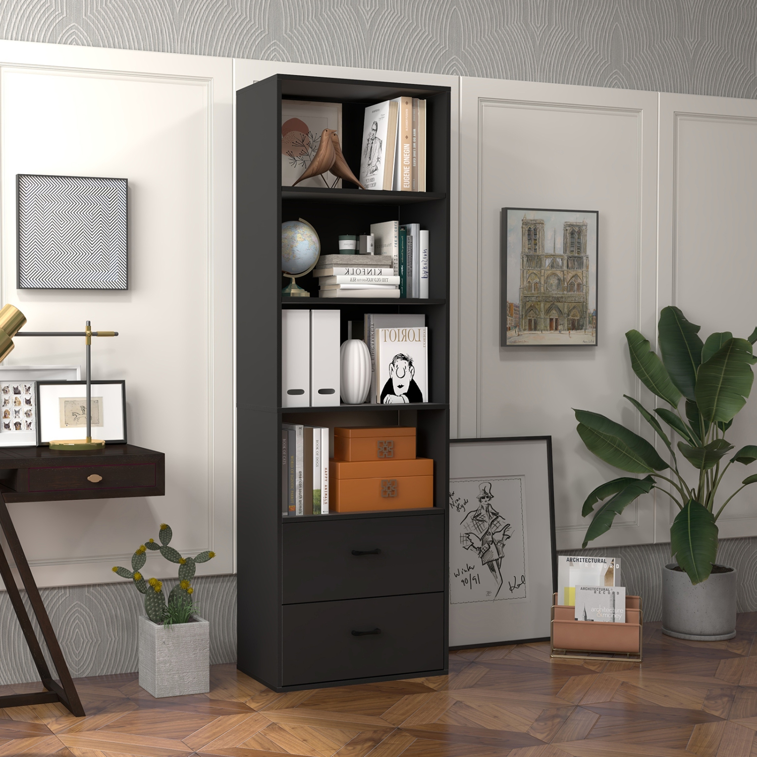 Topbuy 74" Tall Bookcase 4-tier Open Bookshelf with 2 Slide-out Drawers Modern Display Shelf with Anti-toppling Device Multipurpose Wooden Storage