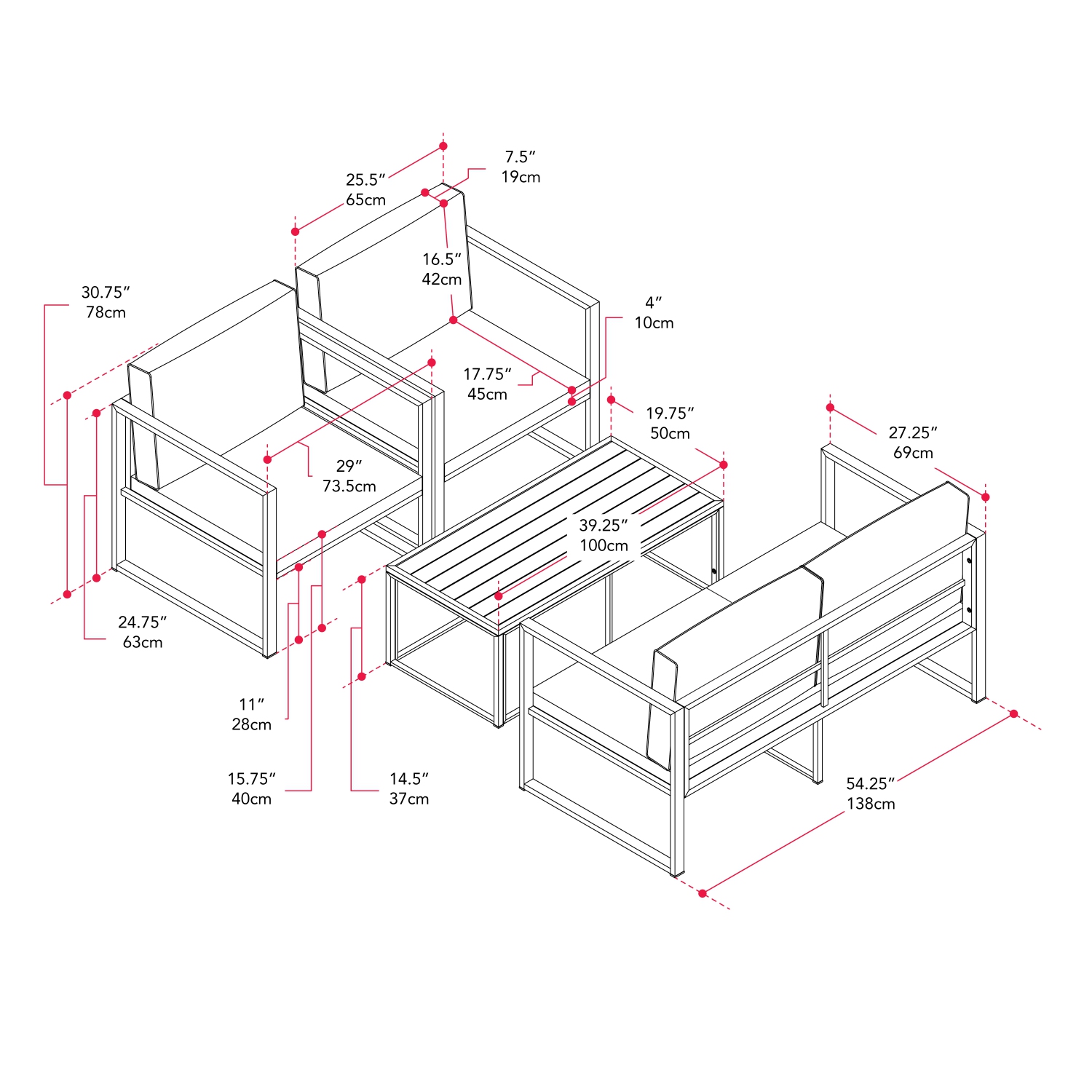 Ensemble de patio de 4 pièces Delia de CorLiving avec coussins, résistance aux intempéries, pour les petits espaces, balcon, jardin, cour arrière