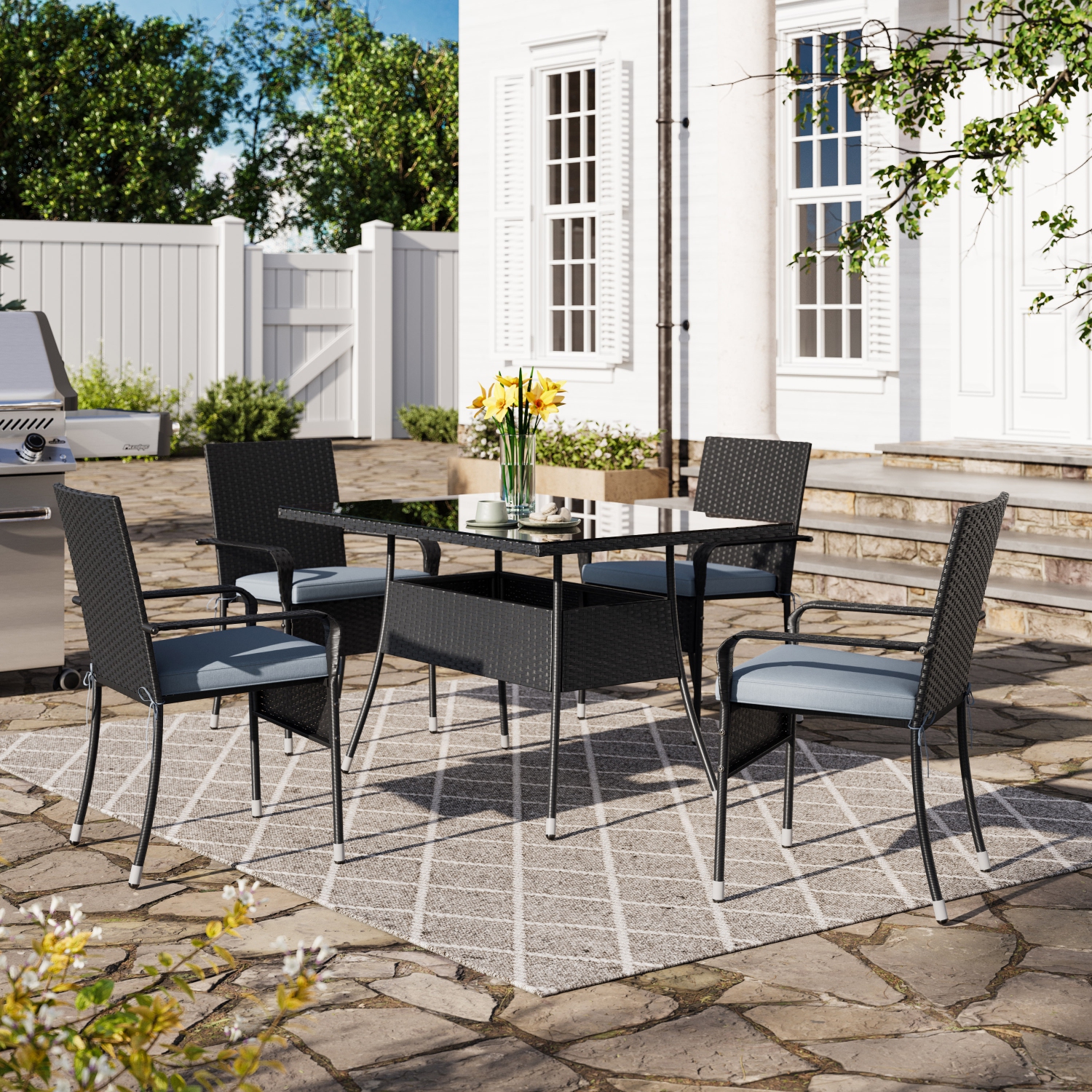 CorLiving Parksville 5-Piece Wicker Patio Dining Set with Rectangular Table, Stackable Chairs and Grey Cushions, Outdoor Patio Furniture