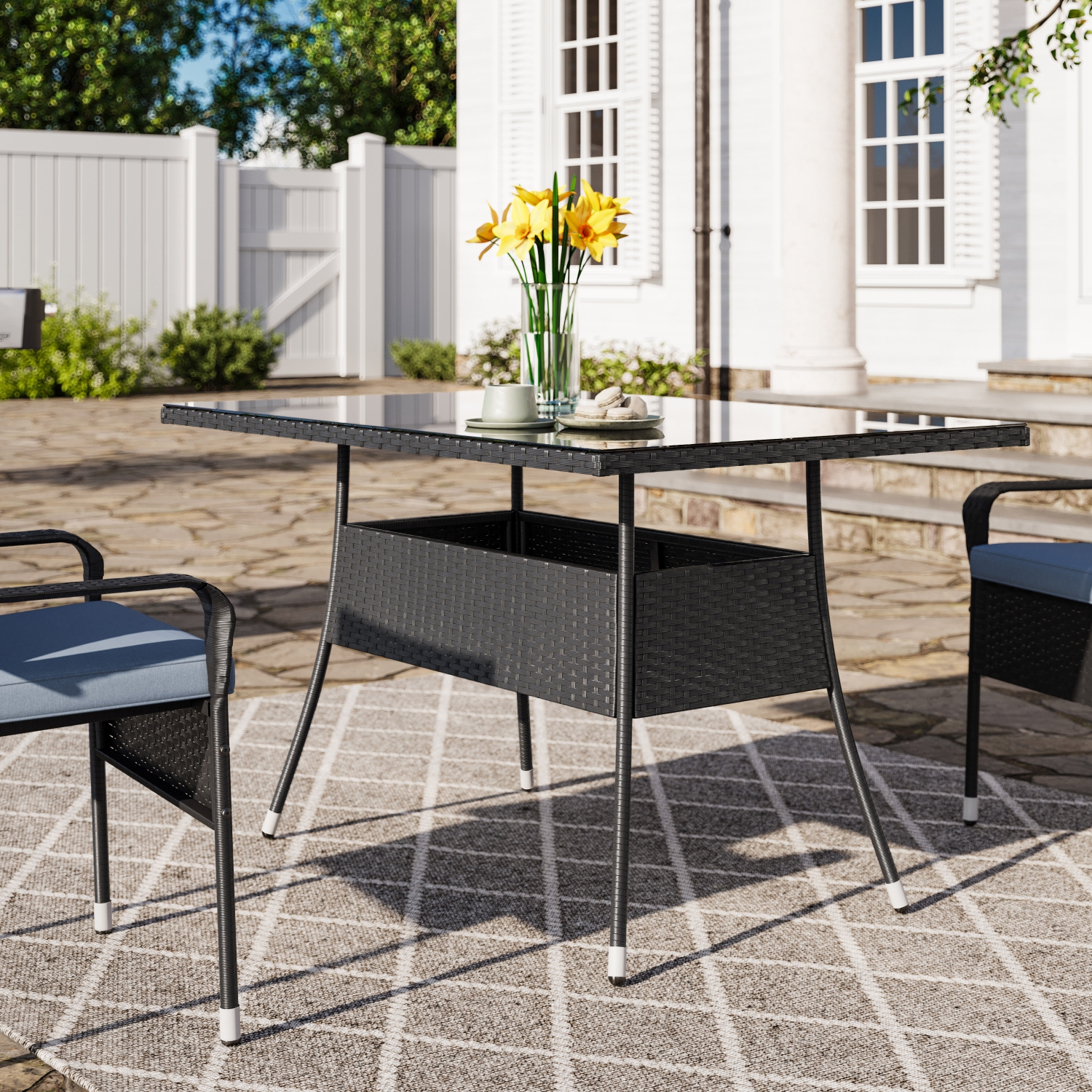 CorLiving Parksville 5-Piece Wicker Patio Dining Set with Rectangular Table, Stackable Chairs and Grey Cushions, Outdoor Patio Furniture